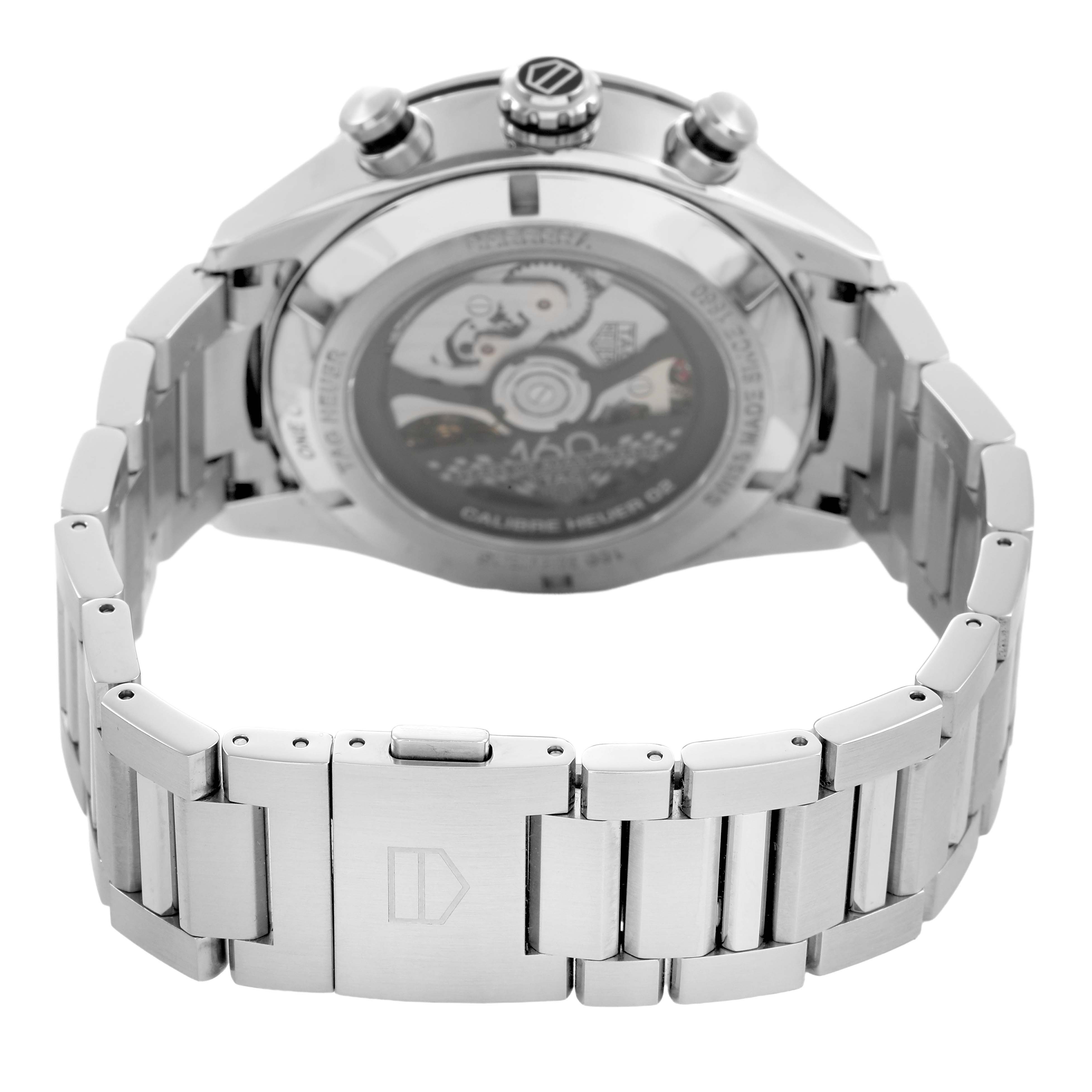 The Tag Heuer Carrera CBN2A1E.BA0643 Men's Stainless Steel Blue Dial watch is shown from the rear, displaying the transparent case back and metal bracelet.