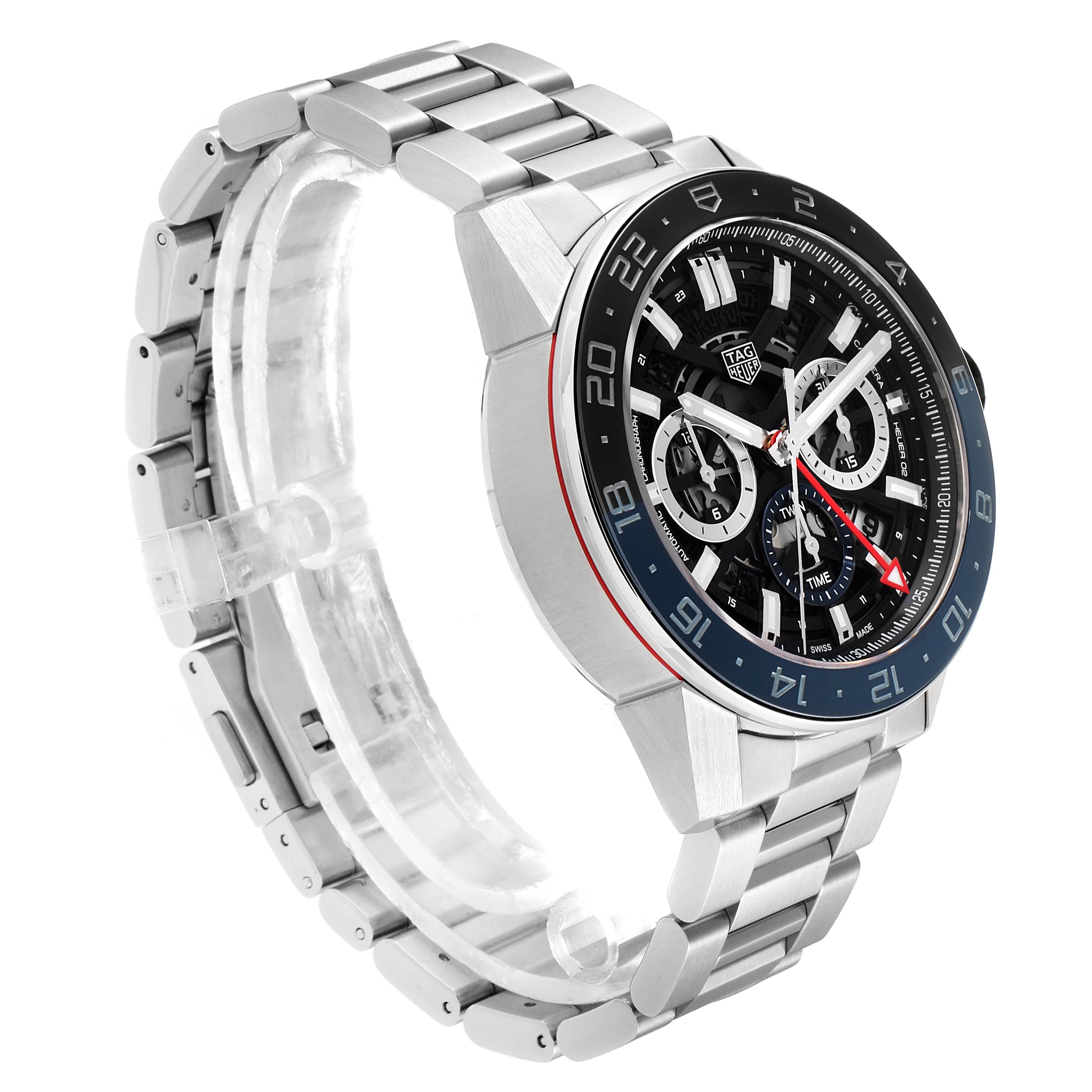 The image shows a side view of a Tag Heuer Carrera CBG2A1Z.BA0658 Men's Stainless Steel Transparent Dial CBG2A1Z.BA0658 Men's Stainless Steel Transparent Dial watch, highlighting the metal bracelet and partially the face.