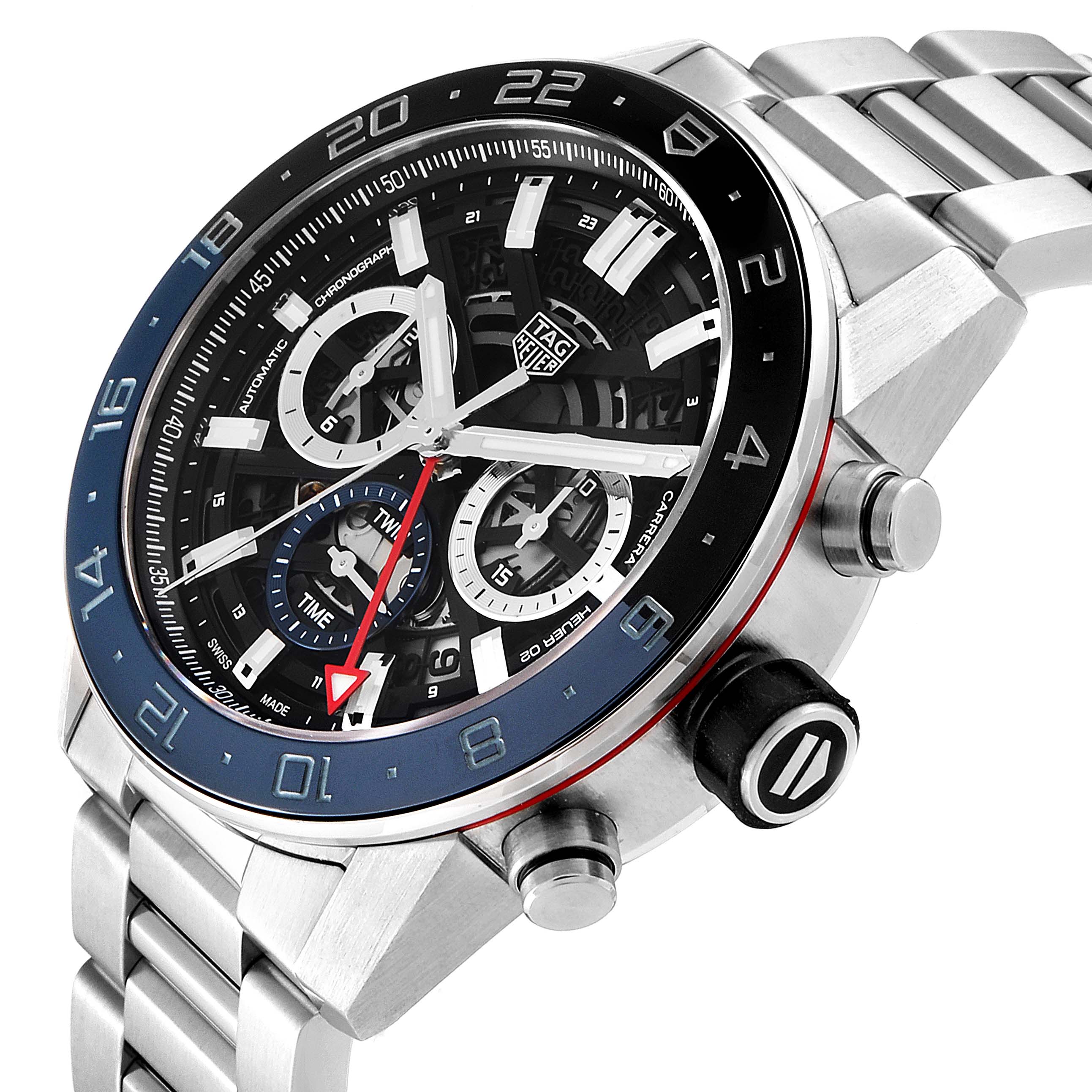 The image shows a close-up side and front view of a Tag Heuer Carrera CBG2A1Z.BA0658 Men's Stainless Steel Transparent Dial CBG2A1Z.BA0658 Men's Stainless Steel Transparent Dial watch featuring its dial, bezel, and metal bracelet.