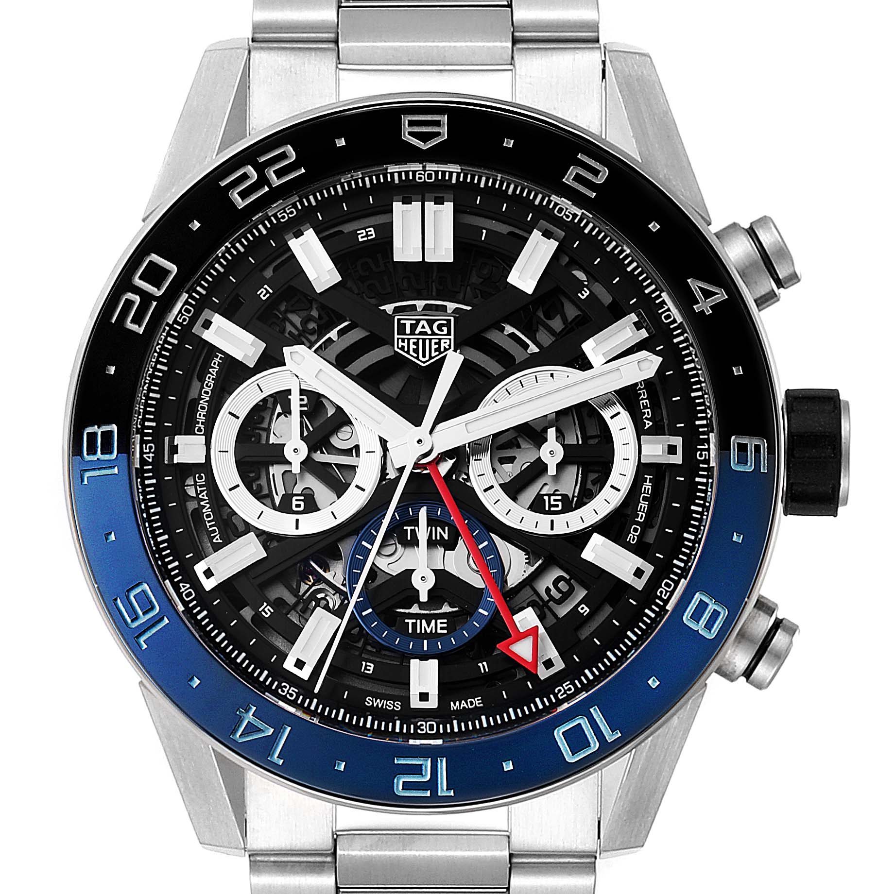 This Tag Heuer Carrera CBG2A1Z.BA0658 Men's Stainless Steel Transparent Dial CBG2A1Z.BA0658 Men's Stainless Steel Transparent Dial model watch is shown from the front, highlighting its face, hands, subdials, and bezel.