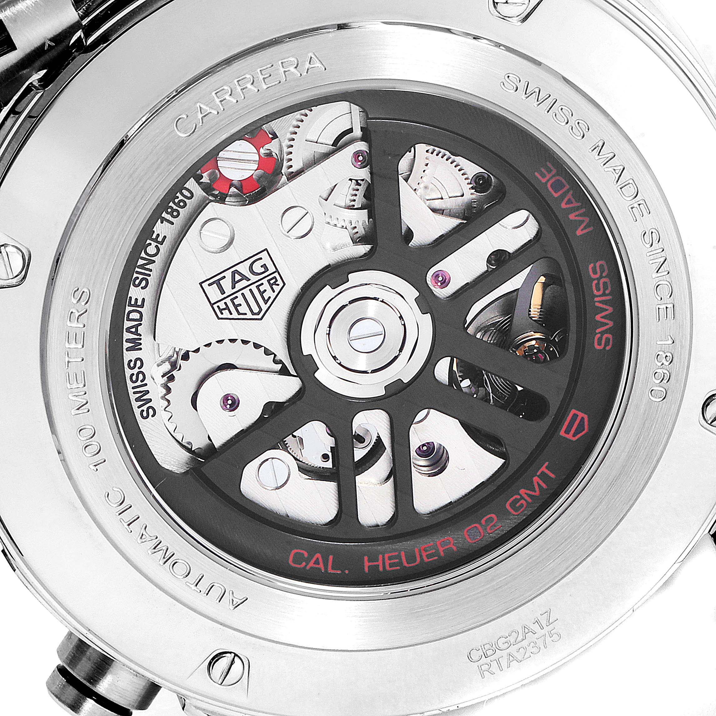 This image shows the back view of a Tag Heuer Carrera CBG2A1Z.BA0658 Men's Stainless Steel Transparent Dial CBG2A1Z.BA0658 Men's Stainless Steel Transparent Dial watch, highlighting its inner mechanical components and engravings.
