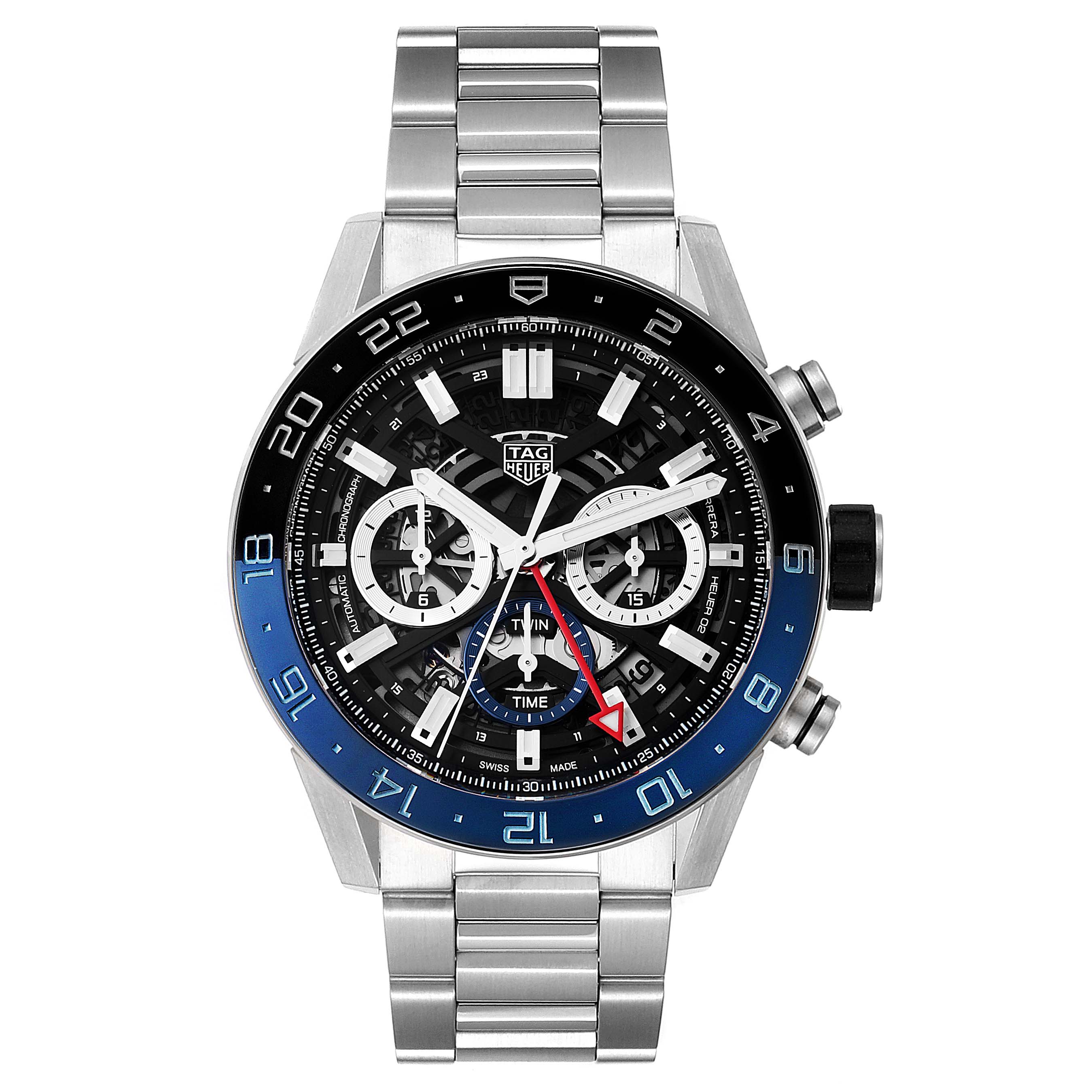 The image shows a front view of a Tag Heuer Carrera CBG2A1Z.BA0658 Men's Stainless Steel Transparent Dial CBG2A1Z.BA0658 Men's Stainless Steel Transparent Dial watch, displaying the dial, bezel, and bracelet.