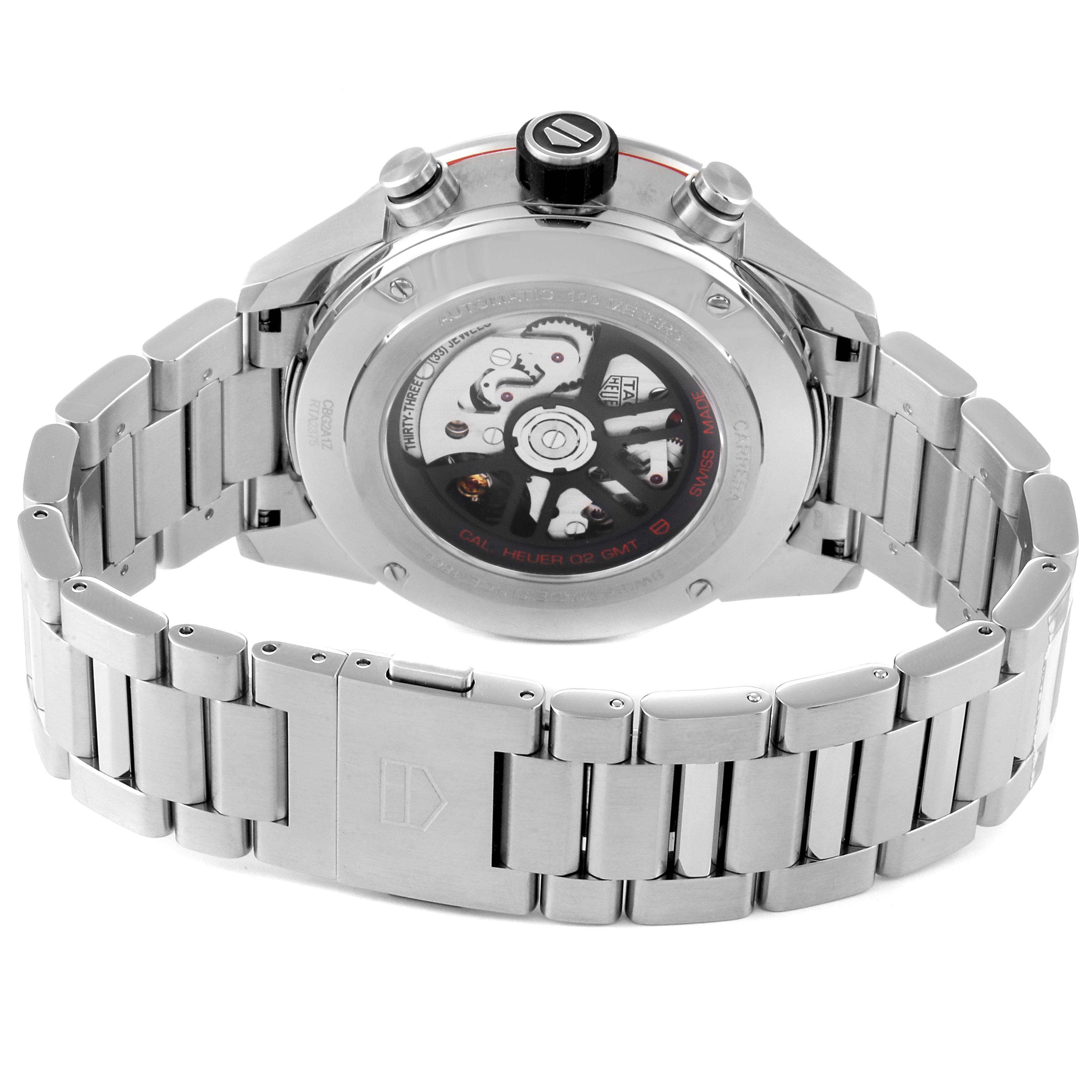 This image shows the back view of the Tag Heuer Carrera CBG2A1Z.BA0658 Men's Stainless Steel Transparent Dial CBG2A1Z.BA0658 Men's Stainless Steel Transparent Dial watch, highlighting its automatic movement and stainless steel bracelet.