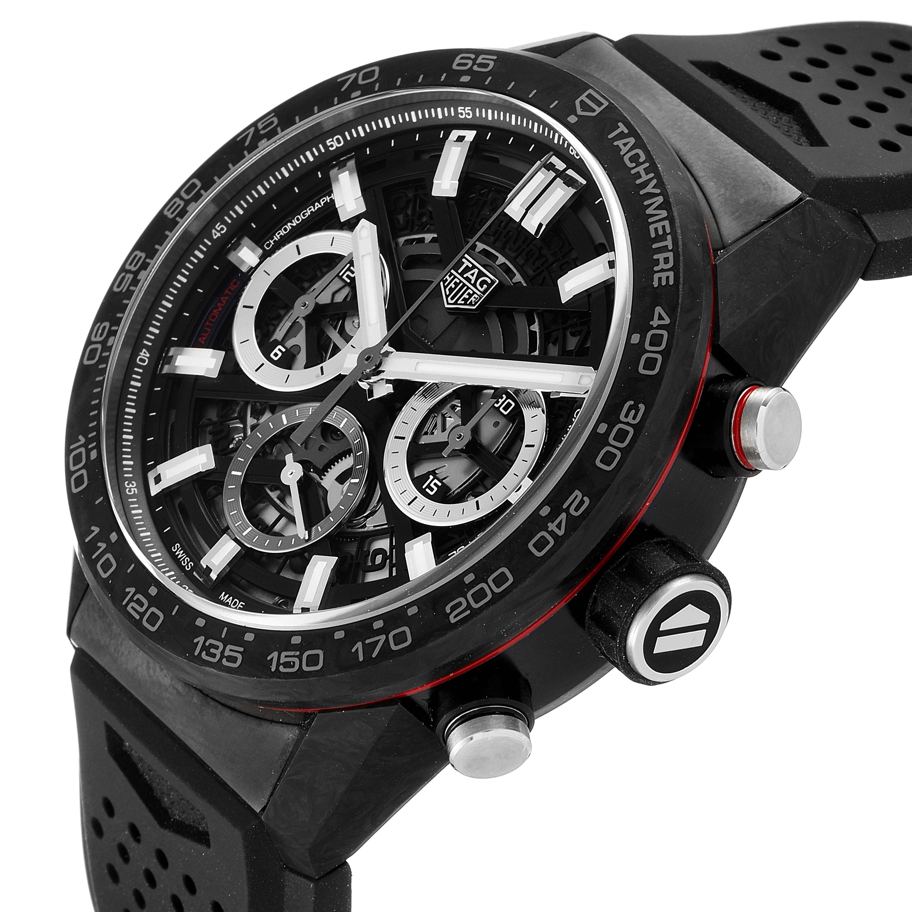 The image shows a close-up angle of a Tag Heuer Carrera CBG2016.FT6143 Men's Stainless Steel Black Dial CBG2016.FT6143 Men's Stainless Steel Black Dial watch, highlighting its face, chronograph dials, and side buttons.