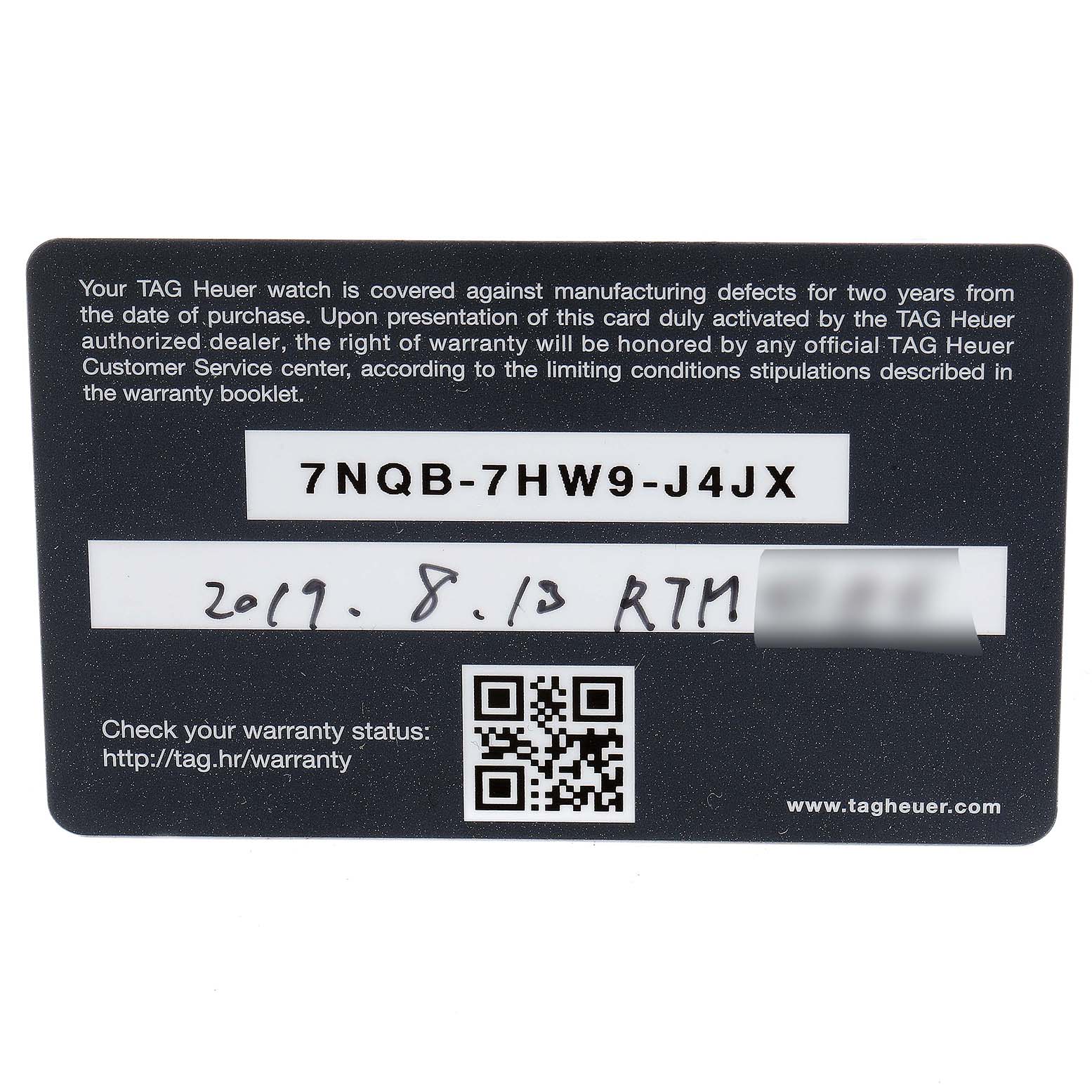 The image shows a Tag Heuer Carrera CBG2016.FT6143 Men's Stainless Steel Black Dial CBG2016.FT6143 Men's Stainless Steel Black Dial model warranty card displaying the serial number and purchase date.