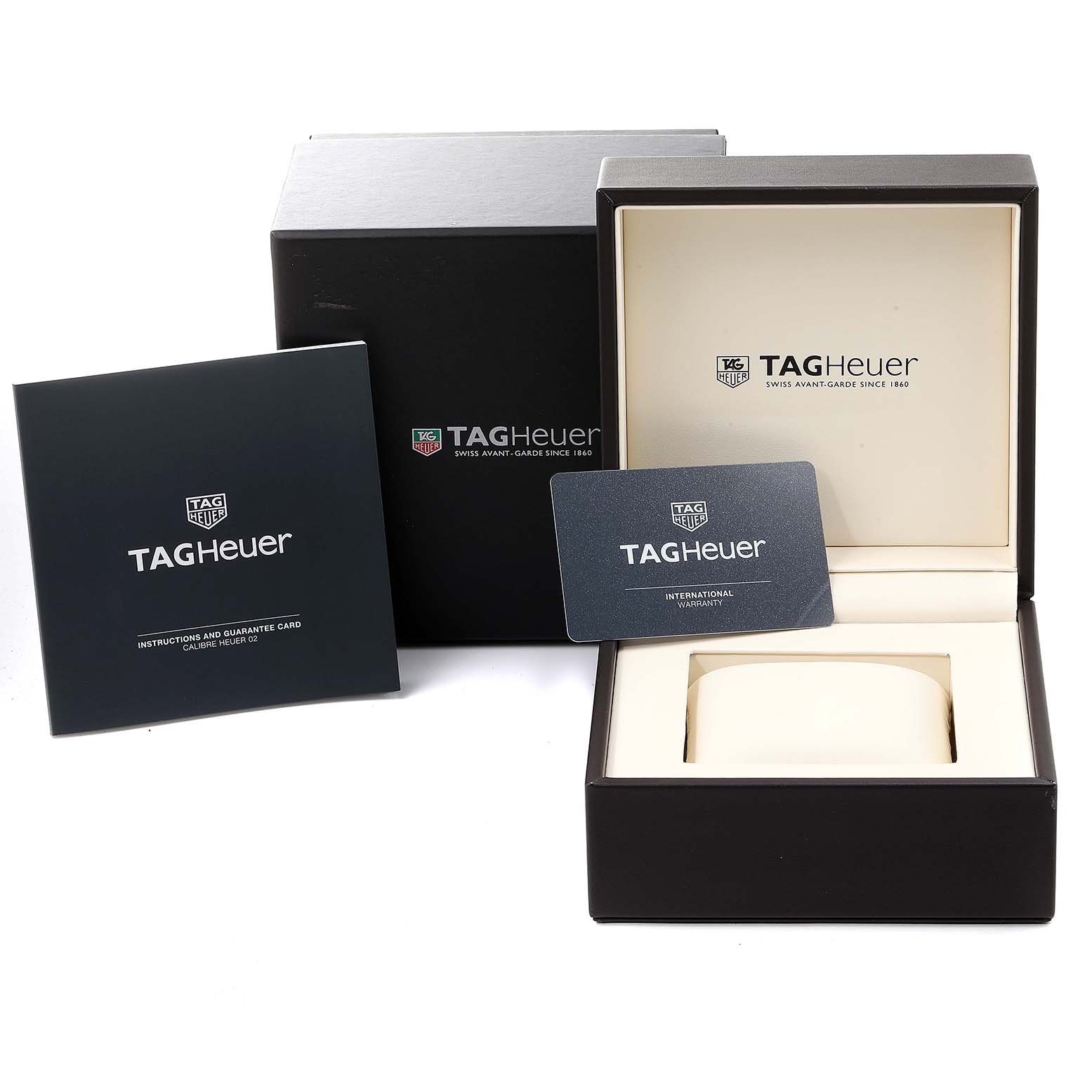 The image shows the packaging, manual, and warranty card for a Tag Heuer Carrera CBG2016.FT6143 Men's Stainless Steel Black Dial CBG2016.FT6143 Men's Stainless Steel Black Dial watch.