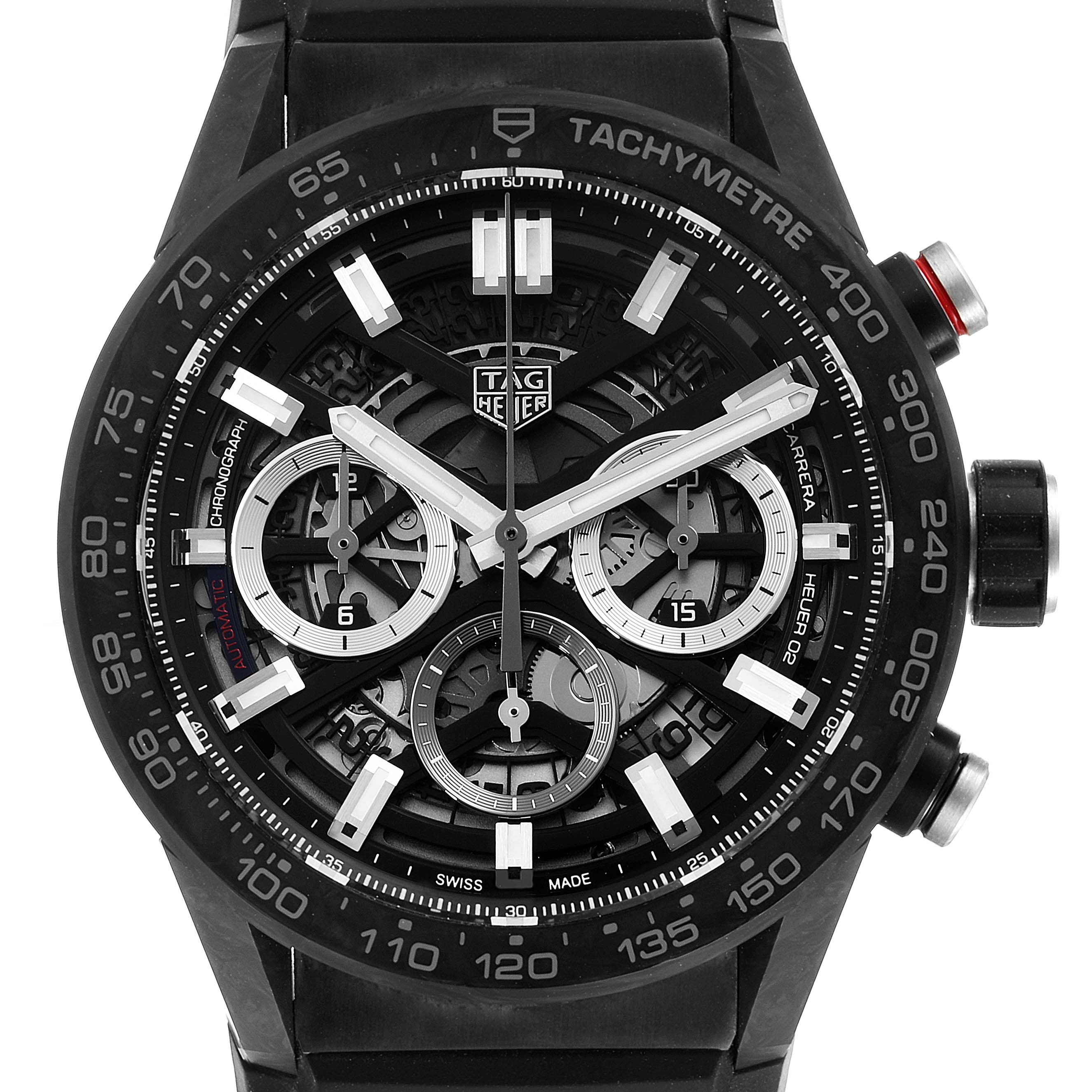 The image shows a close-up of the face and chronograph of a Tag Heuer Carrera CBG2016.FT6143 Men's Stainless Steel Black Dial CBG2016.FT6143 Men's Stainless Steel Black Dial watch.