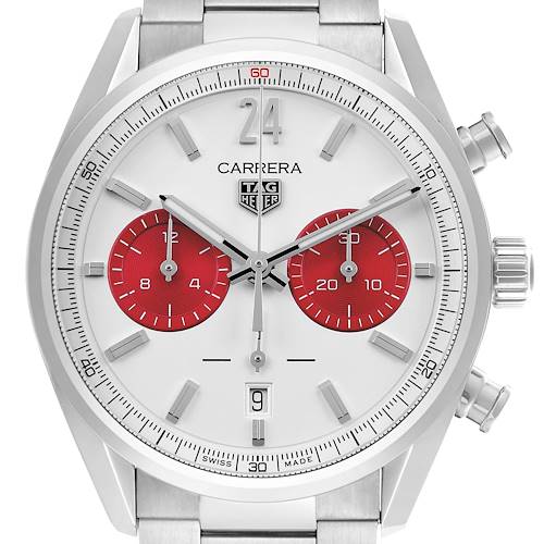 The Tag Heuer Carrera CBN2011.BA0642 Men's Stainless Steel White Dial watch is shown from a frontal angle, highlighting its dial, chronograph subdials, hands, and crown.