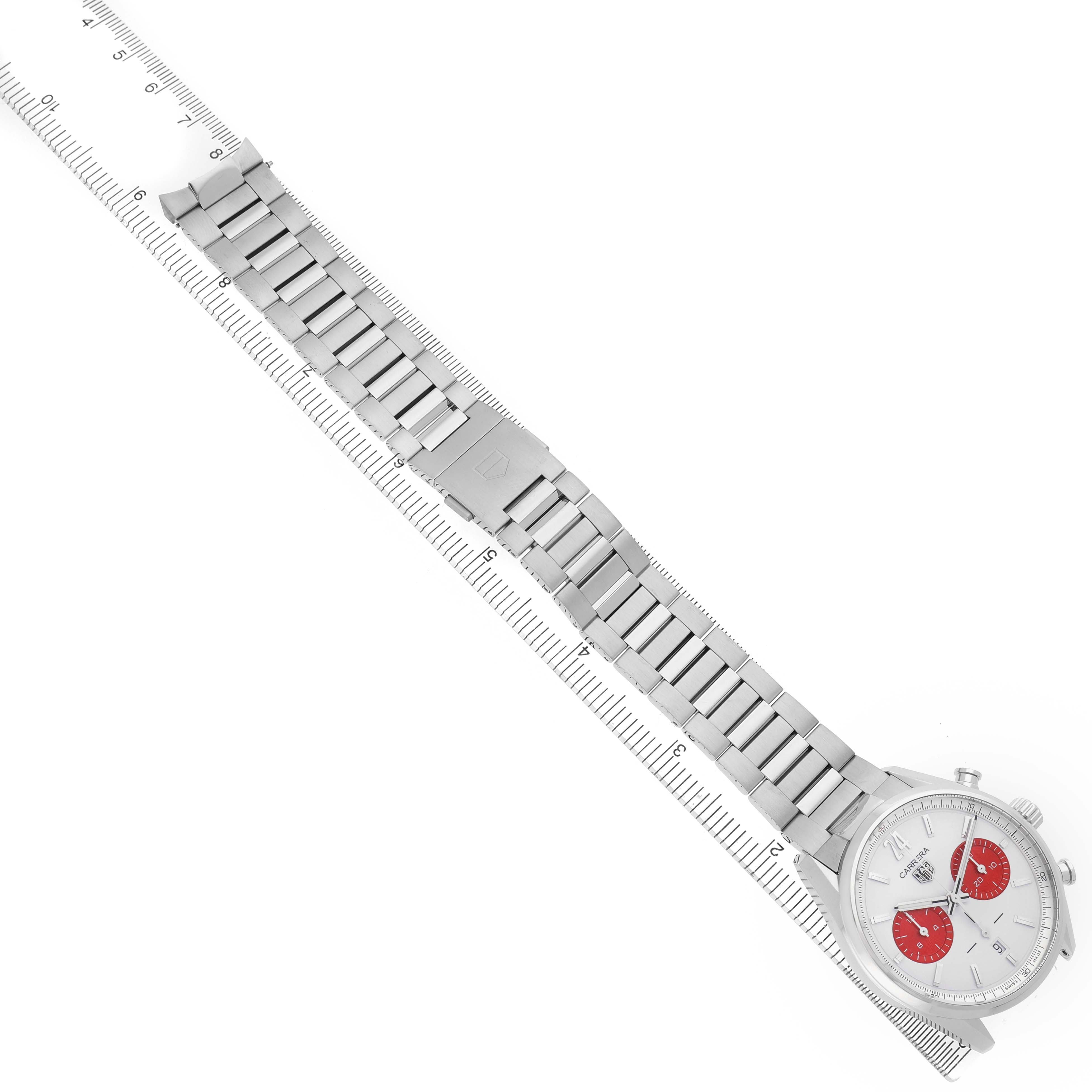 The Tag Heuer Carrera CBN2011.BA0642 Men's Stainless Steel White Dial watch is shown from an overhead angle, fully displaying the bracelet and clasp.
