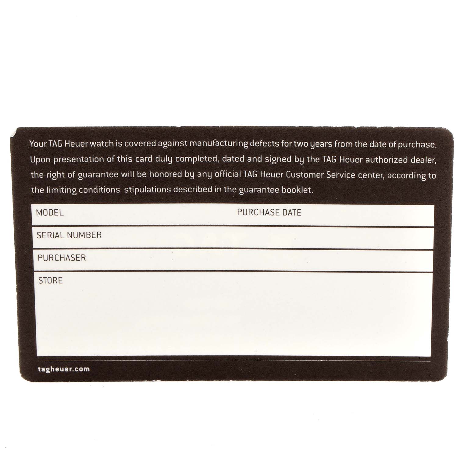 This image shows a blank warranty card for the Tag Heuer Formula 1 WAZ201A.FC8195 Men's Titanium Black Dial WAZ201A.FC8195 Men's Titanium Black Dial model watch.