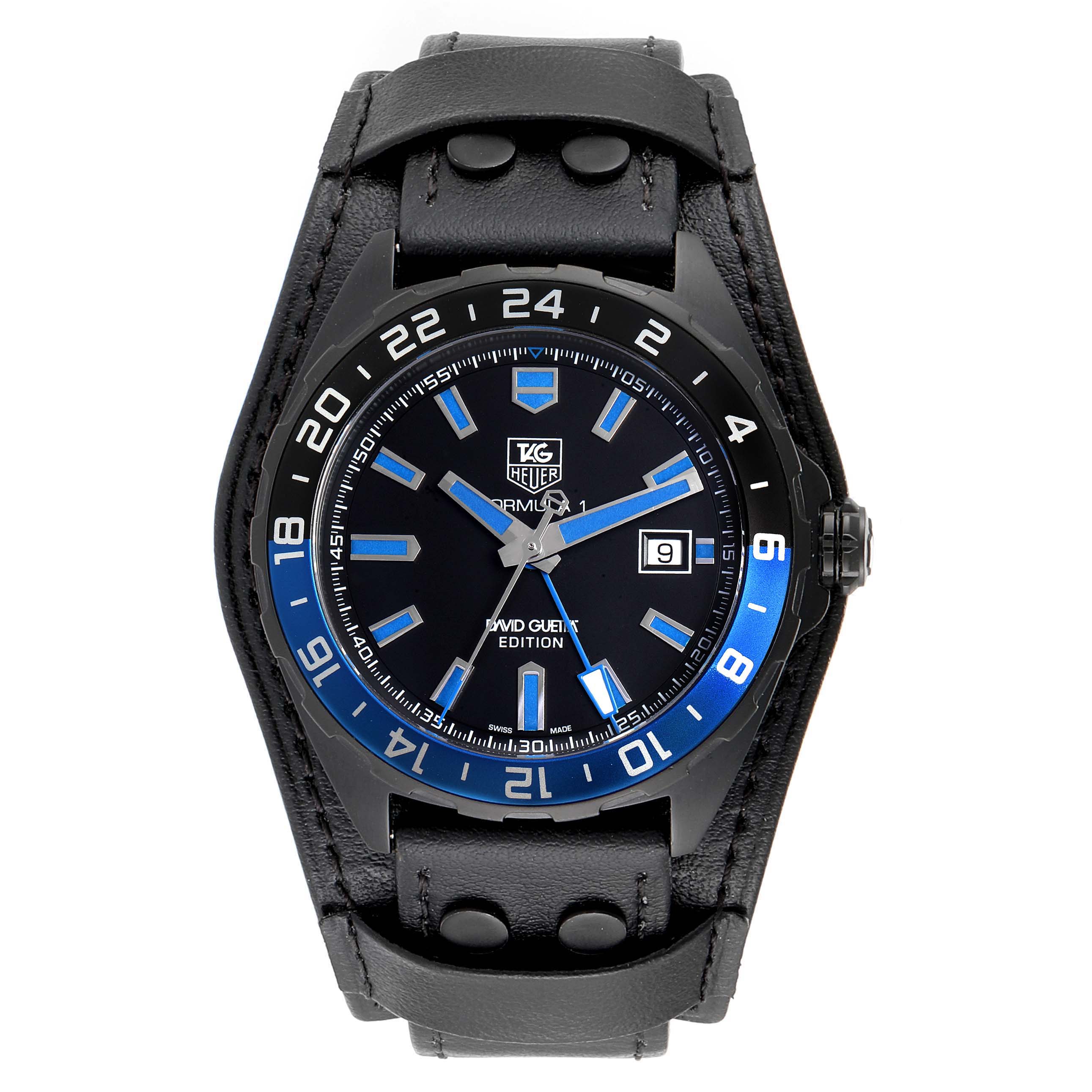 The image shows a front view of the Tag Heuer Formula 1 WAZ201A.FC8195 Men's Titanium Black Dial WAZ201A.FC8195 Men's Titanium Black Dial watch, highlighting the dial, bezel, and leather strap.