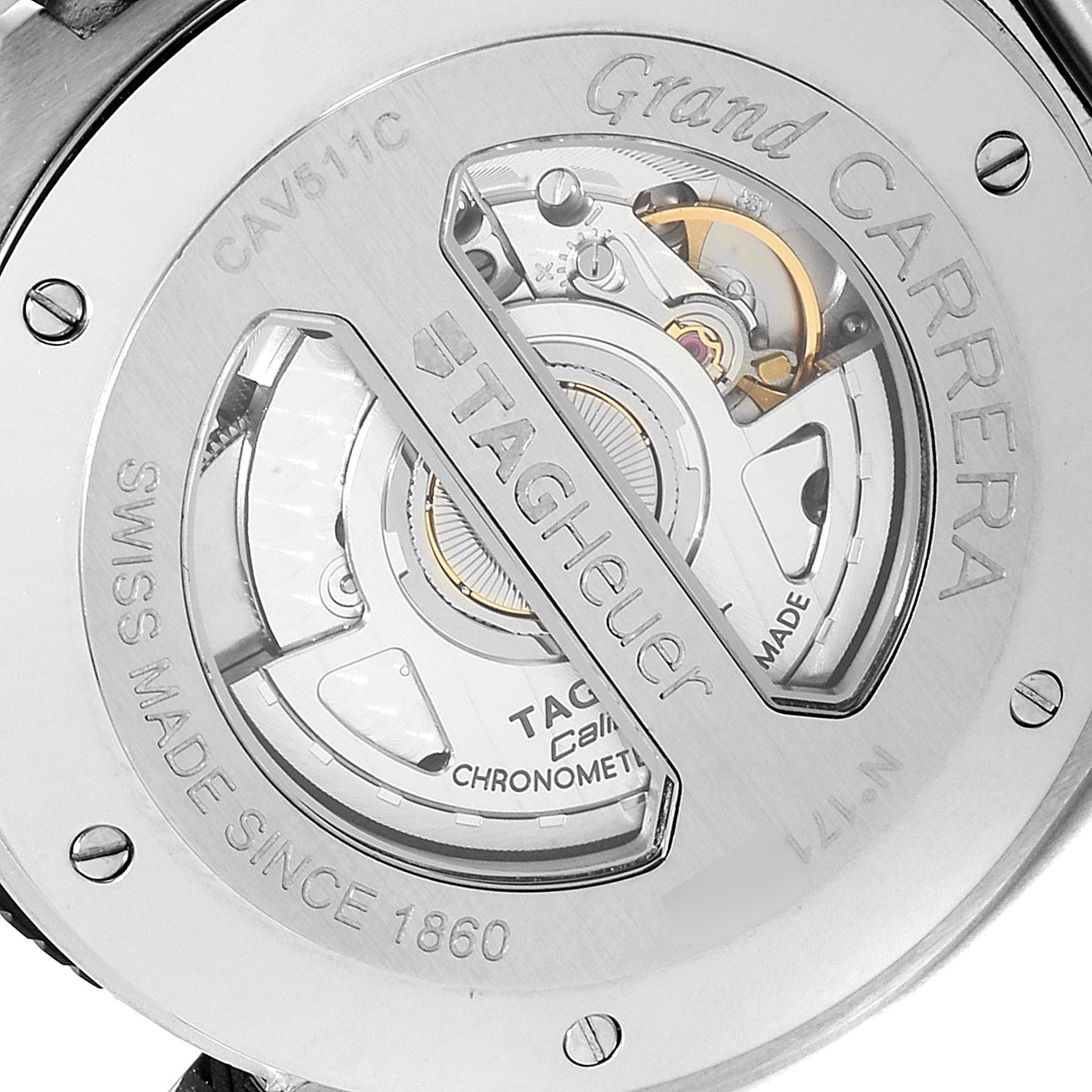 The image shows the back side of a Tag Heuer Carrera CAV511C Men's Stainless Steel Black Dial CAV511C Men's Stainless Steel Black Dial watch, displaying its mechanical movement and inscriptions.
