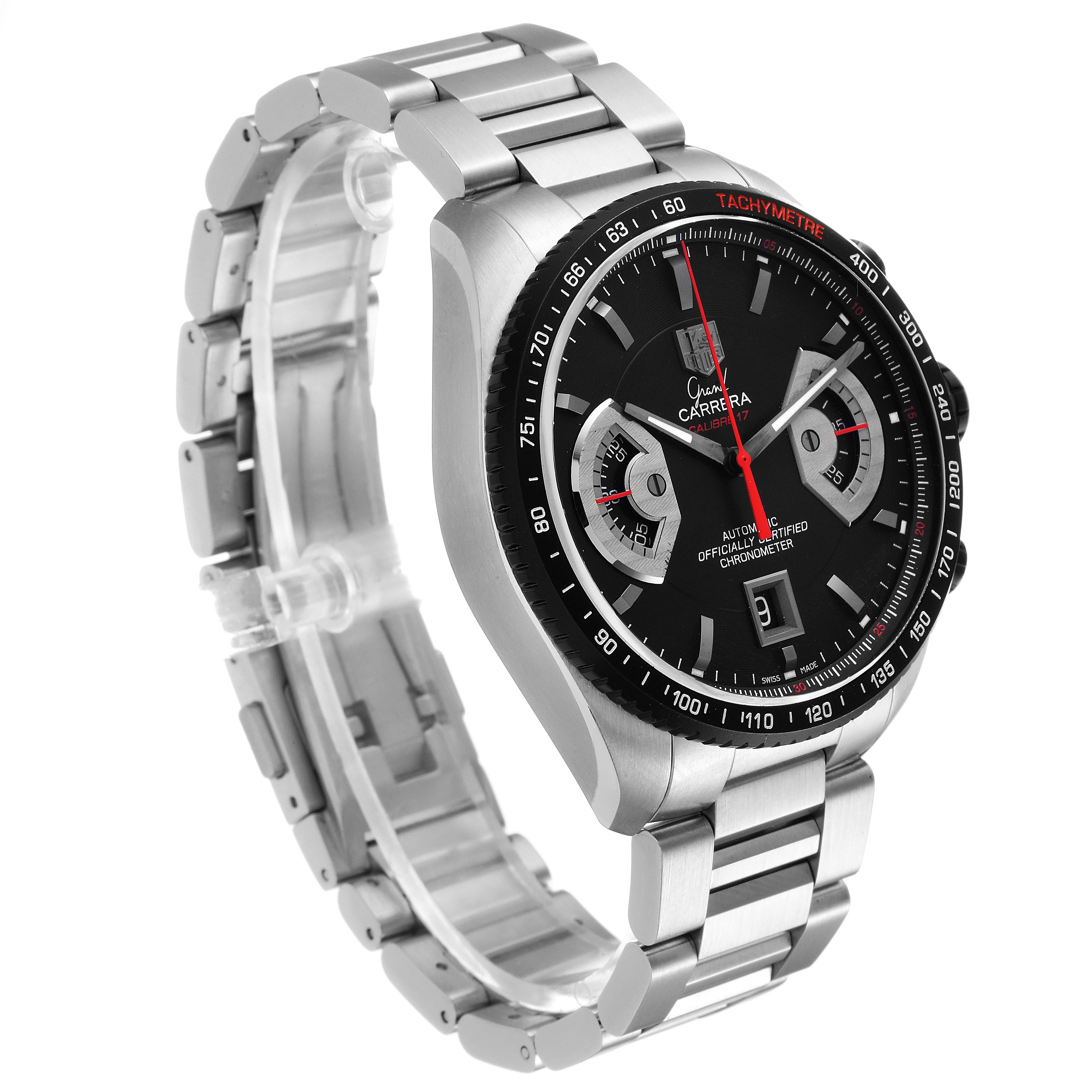 The Tag Heuer Carrera CAV511C Men's Stainless Steel Black Dial CAV511C Men's Stainless Steel Black Dial watch is shown at a slight angle, displaying its face, tachymeter scale, and stainless steel bracelet.