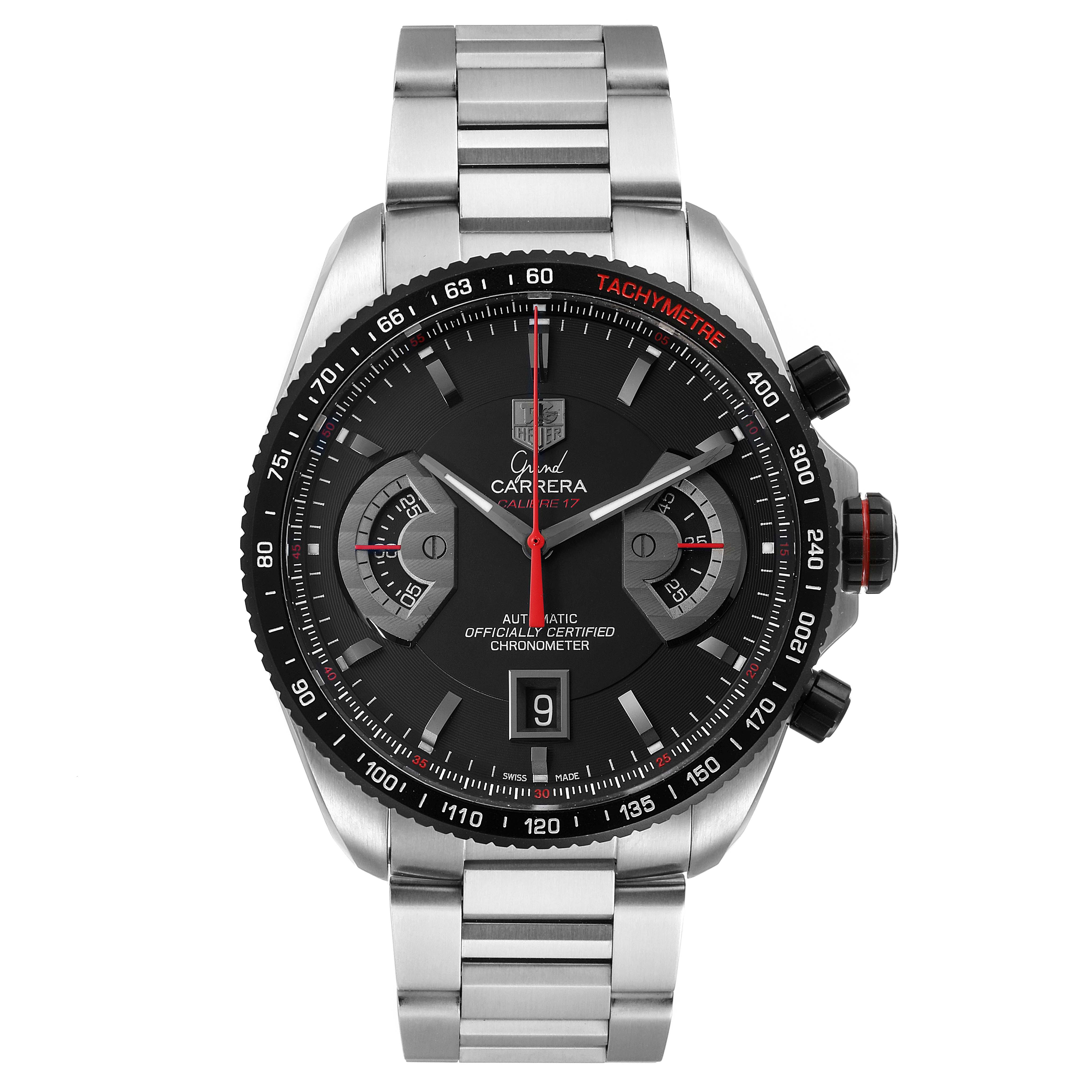 Front view of the Tag Heuer Carrera CAV511C Men's Stainless Steel Black Dial CAV511C Men's Stainless Steel Black Dial watch showing the dial, bezel, chronographs, and bracelet.
