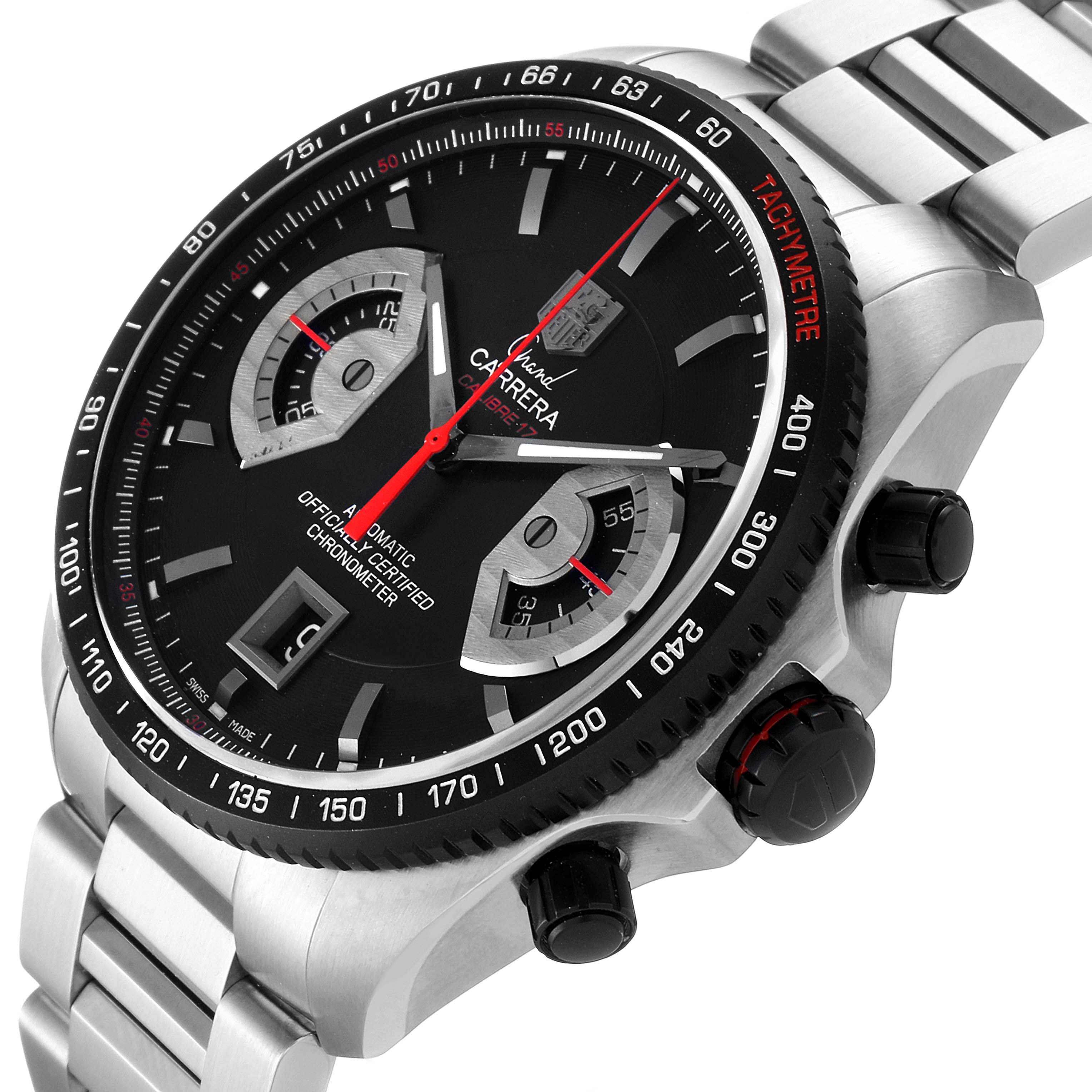 The Tag Heuer Carrera CAV511C Men's Stainless Steel Black Dial CAV511C Men's Stainless Steel Black Dial model watch is shown at an angle, displaying its black dial, tachymeter bezel, chronograph sub-dials, and stainless steel bracelet.