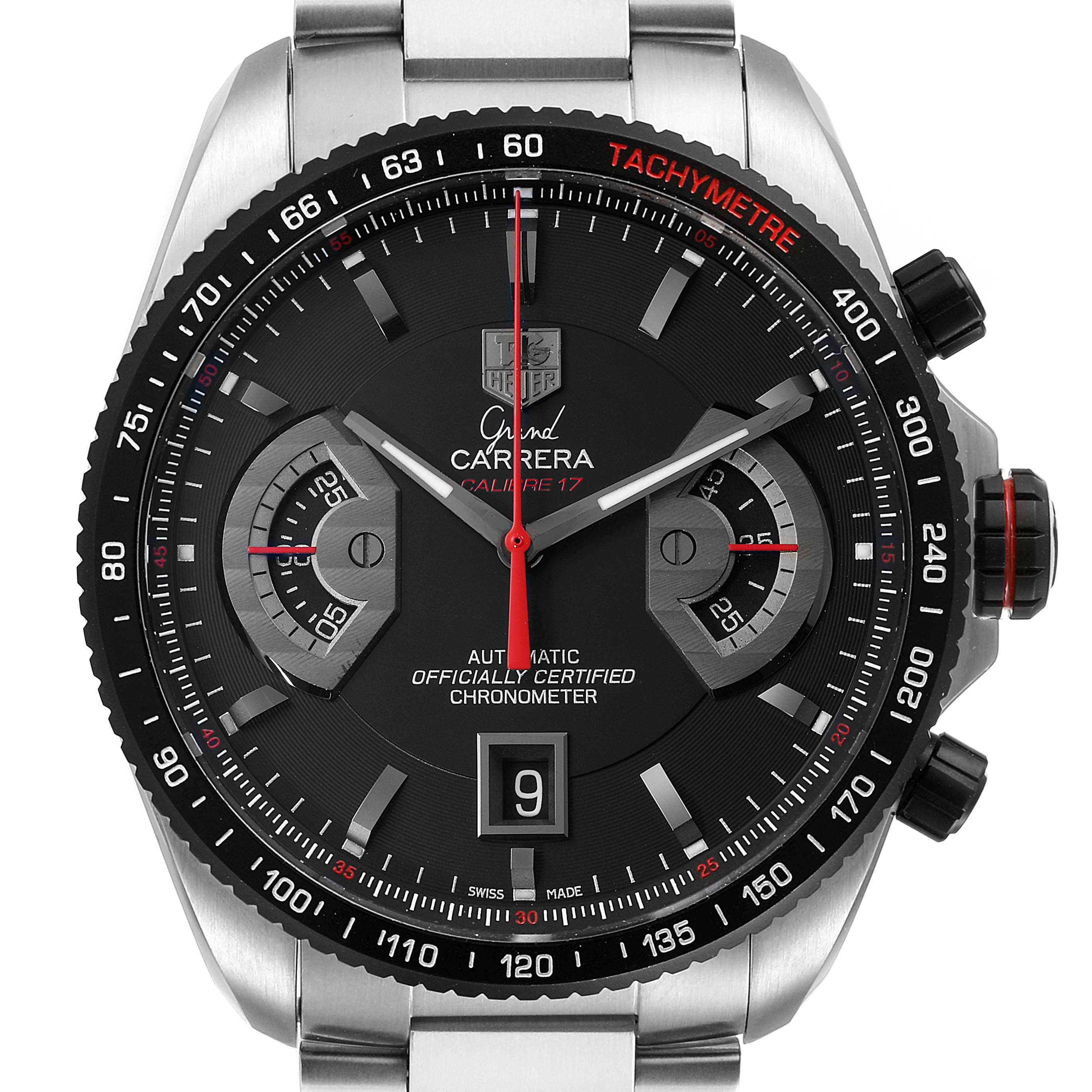 The image shows a front view of the Tag Heuer Carrera CAV511C Men's Stainless Steel Black Dial CAV511C Men's Stainless Steel Black Dial Calibre 17 watch, highlighting its face, bezel, and metal bracelet.