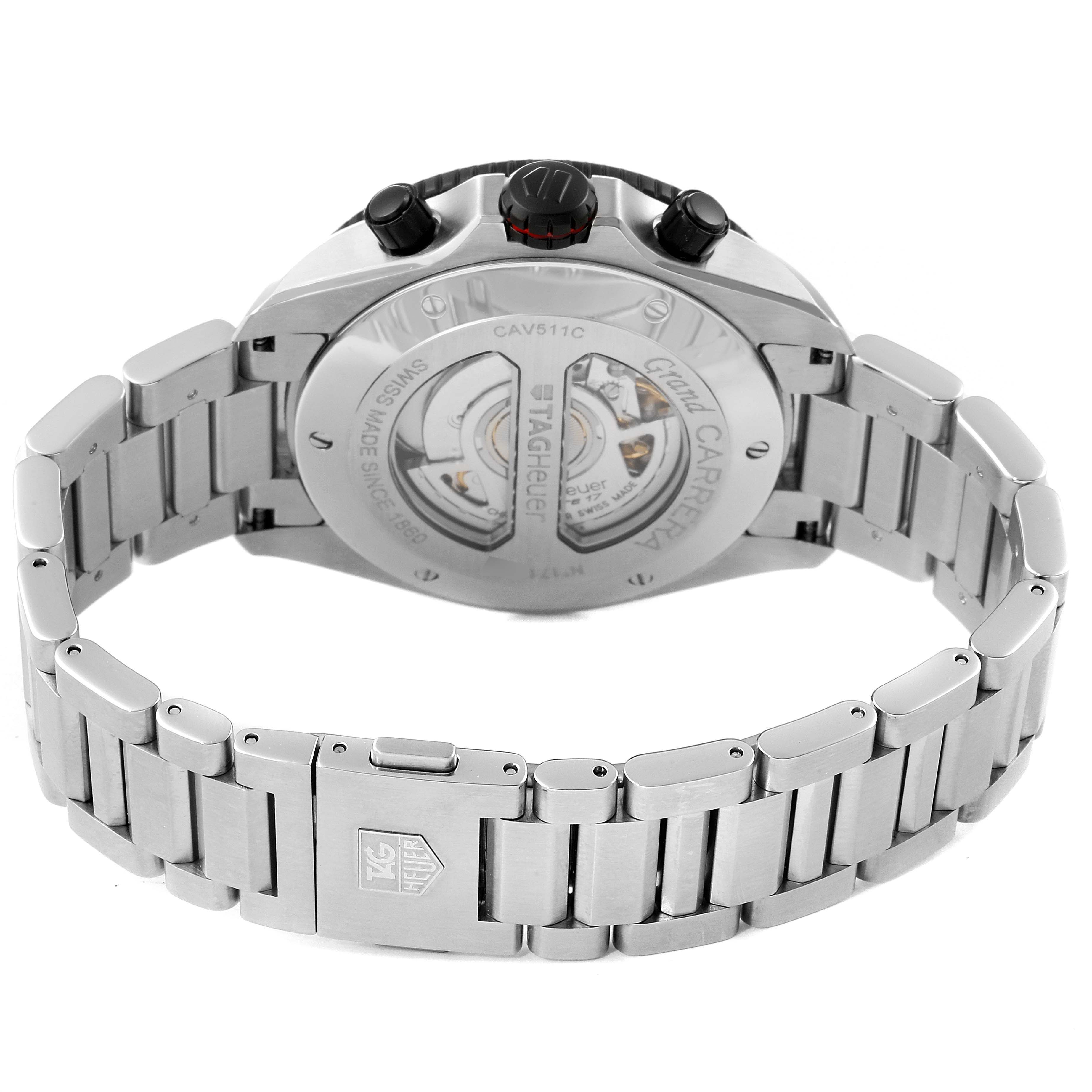 The image shows the back and bracelet of a Tag Heuer Carrera CAV511C Men's Stainless Steel Black Dial CAV511C Men's Stainless Steel Black Dial model watch, highlighting the case back and deployment clasp.