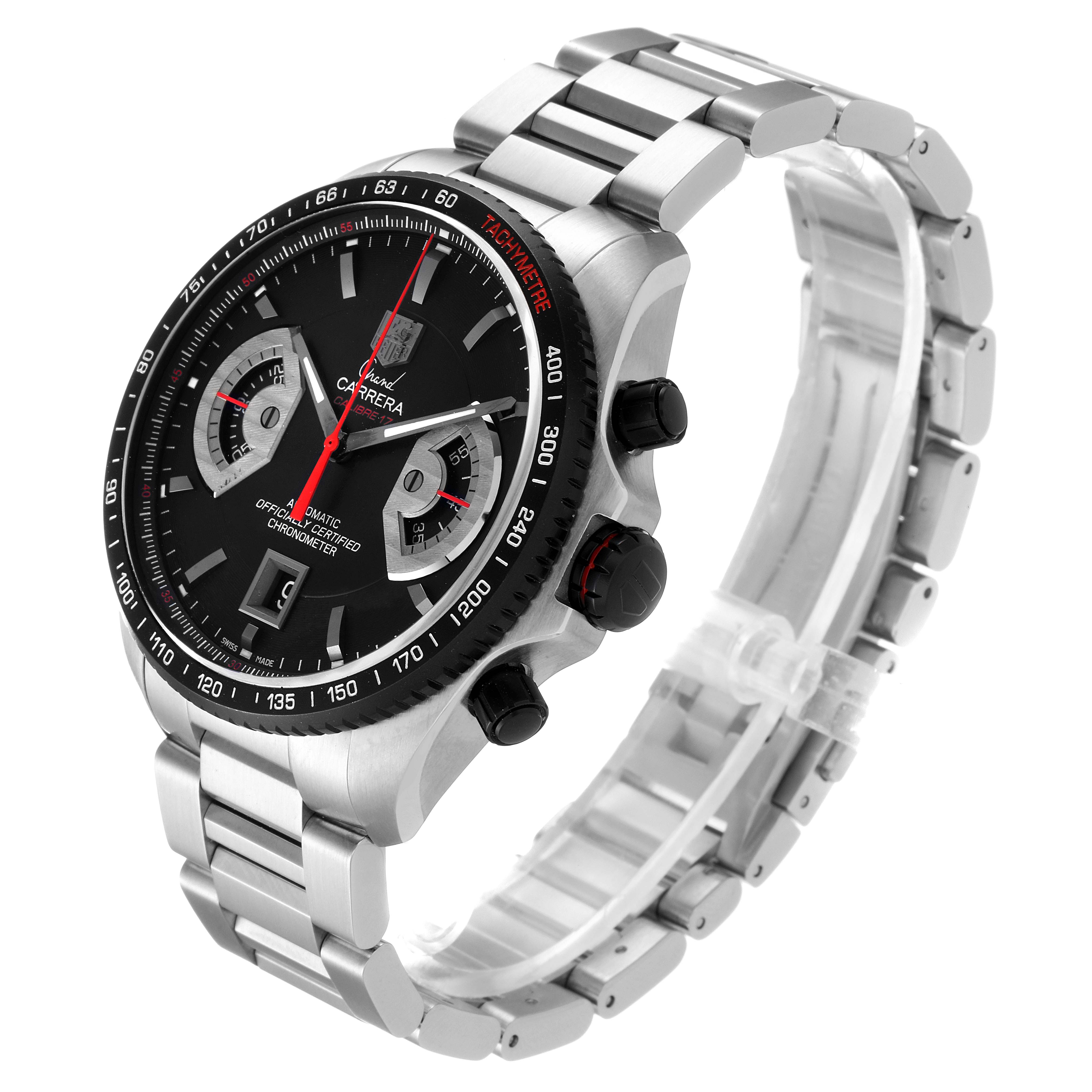 The image shows the Tag Heuer Carrera CAV511C Men's Stainless Steel Black Dial CAV511C Men's Stainless Steel Black Dial watch at a three-quarter angle, highlighting its face, bezel, crown, and metal bracelet.