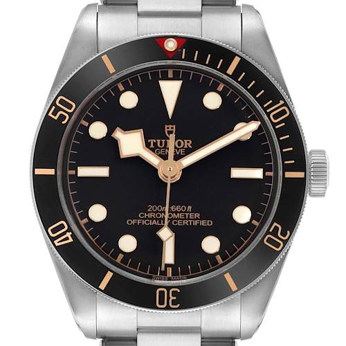 The Tudor Heritage Black Bay M79030N-0001 Men's Stainless Steel Black Dial watch is shown from a front angle, highlighting the dial, bezel, crown, and part of the bracelet.