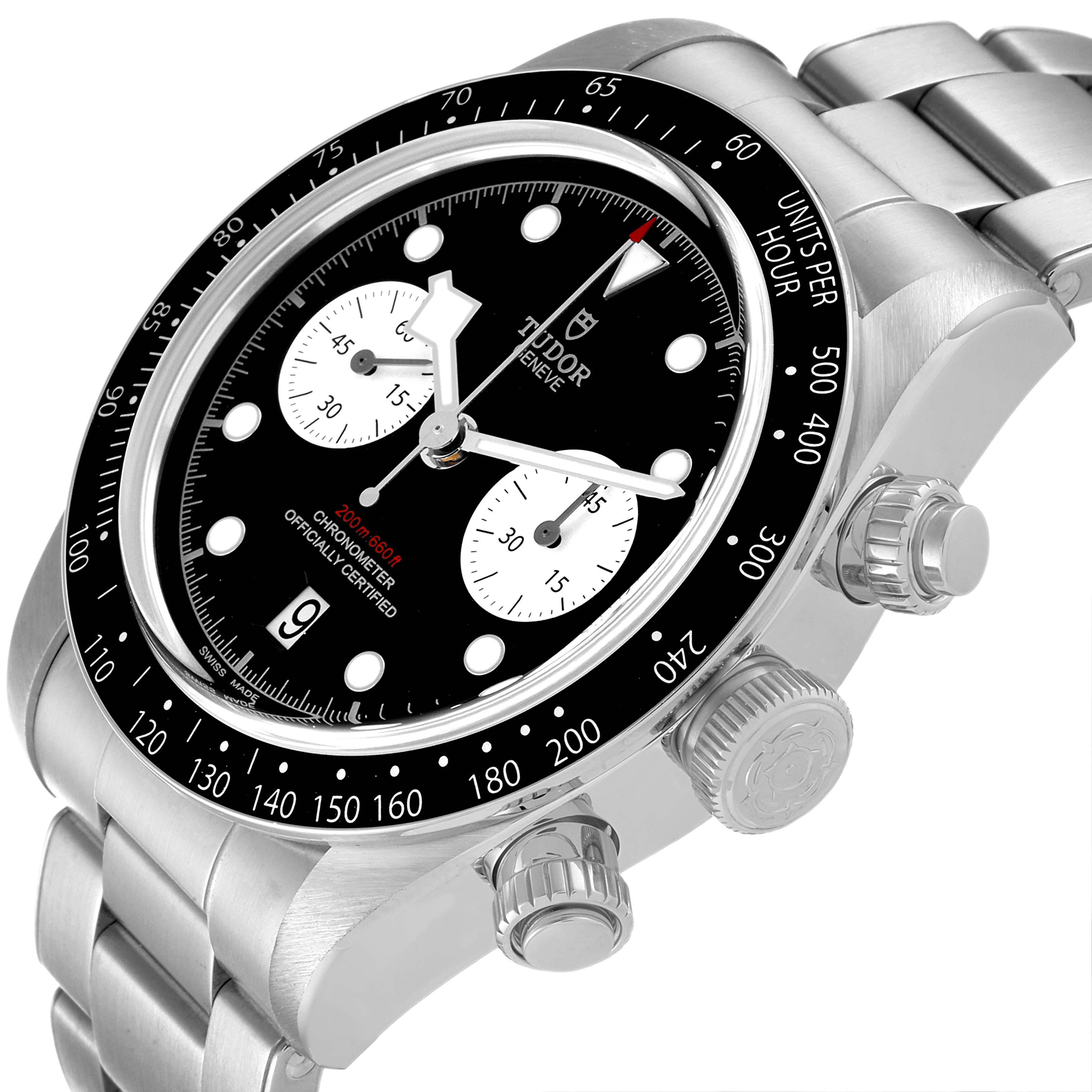 The image shows a close-up angle of the Tudor Heritage Black Bay 79360N Men
s Stainless Steel Black Dial 79360N Men
s Stainless Steel Black Dial watch
s front, featuring its face, bezel, pushers, and bracelet.