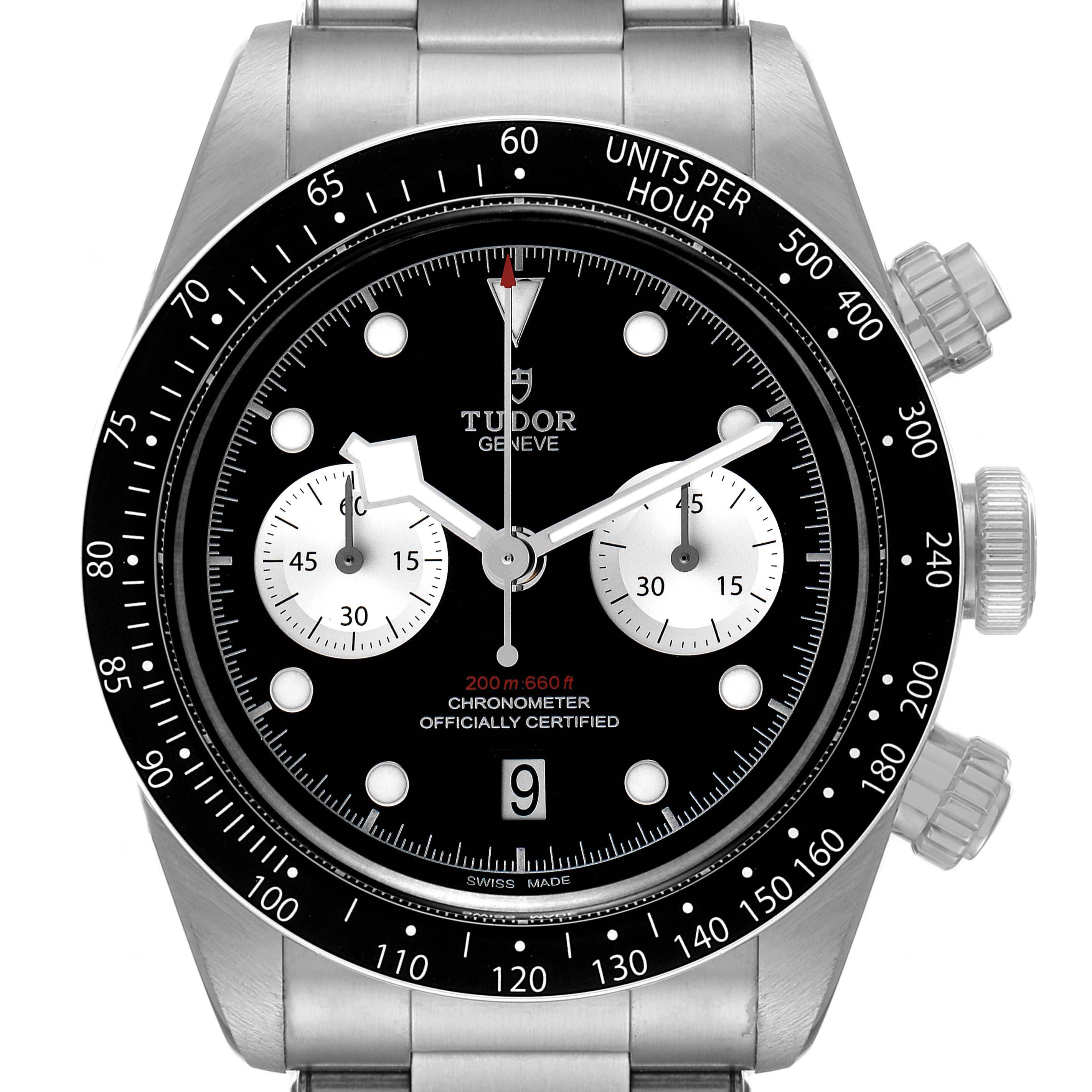 The image shows a front view of the Tudor Heritage Black Bay 79360N Men
s Stainless Steel Black Dial 79360N Men
s Stainless Steel Black Dial watch, displaying its dial, bezel, hands, subdials, and crown.