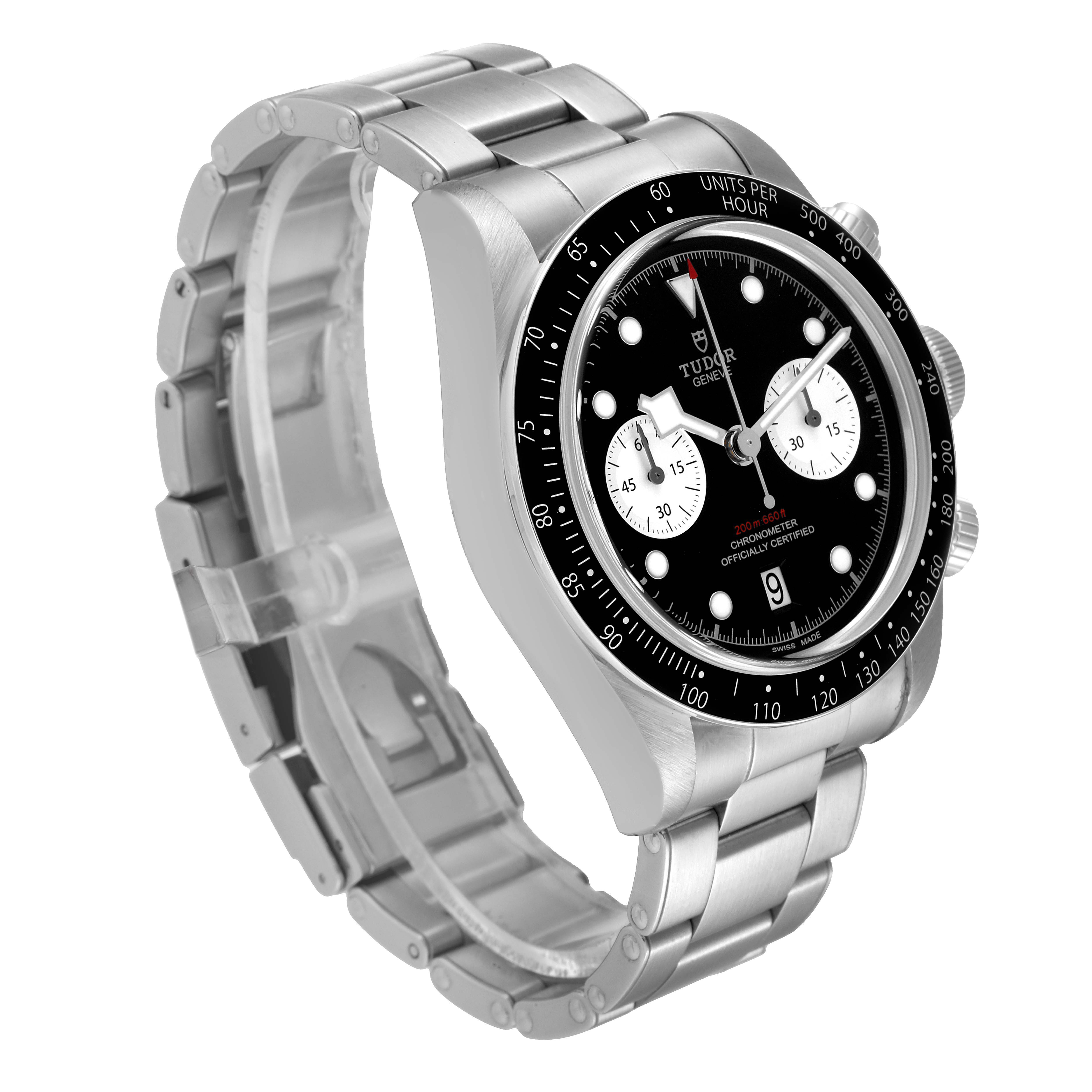 The image shows a front angled view of a Tudor Heritage Black Bay 79360N Men
s Stainless Steel Black Dial 79360N Men
s Stainless Steel Black Dial watch, displaying its face, bezel, and metal strap.