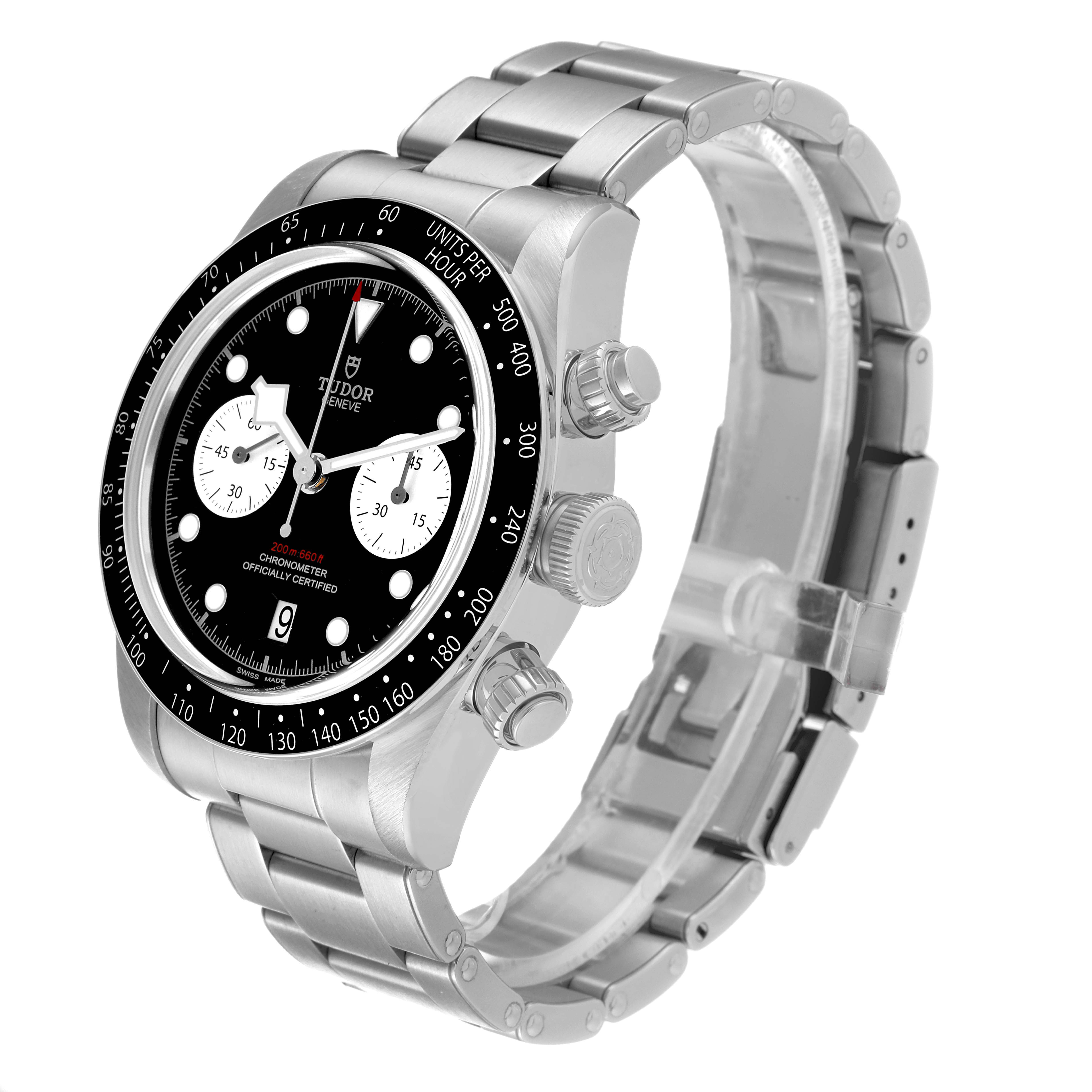 The Tudor Heritage Black Bay 79360N Men
s Stainless Steel Black Dial 79360N Men
s Stainless Steel Black Dial watch is shown at a slight angle, highlighting its bracelet, bezel, and chronograph dials.