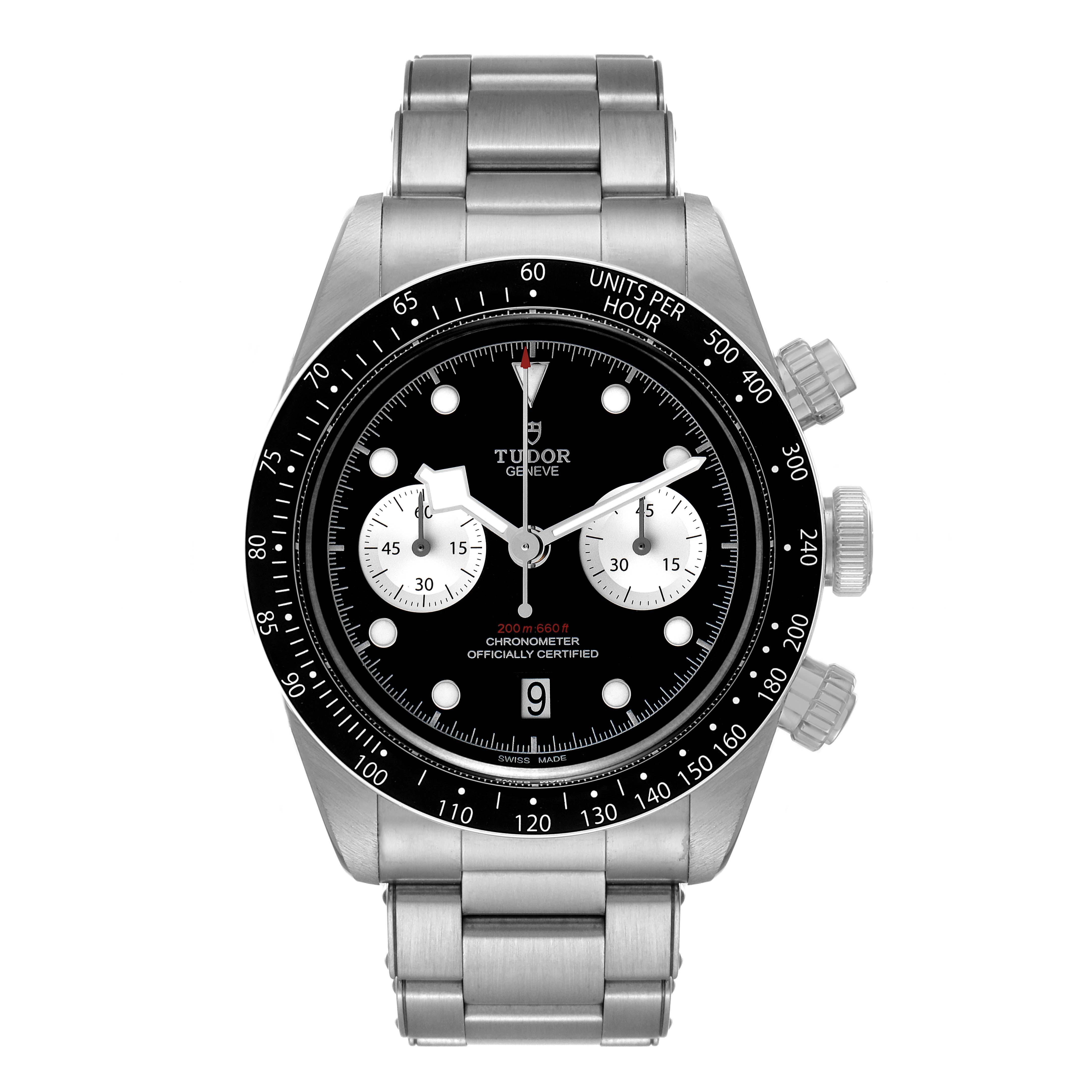 The image shows a front view of the Tudor Heritage Black Bay 79360N Men
s Stainless Steel Black Dial 79360N Men
s Stainless Steel Black Dial watch, displaying the dial, bezel, and stainless steel bracelet.