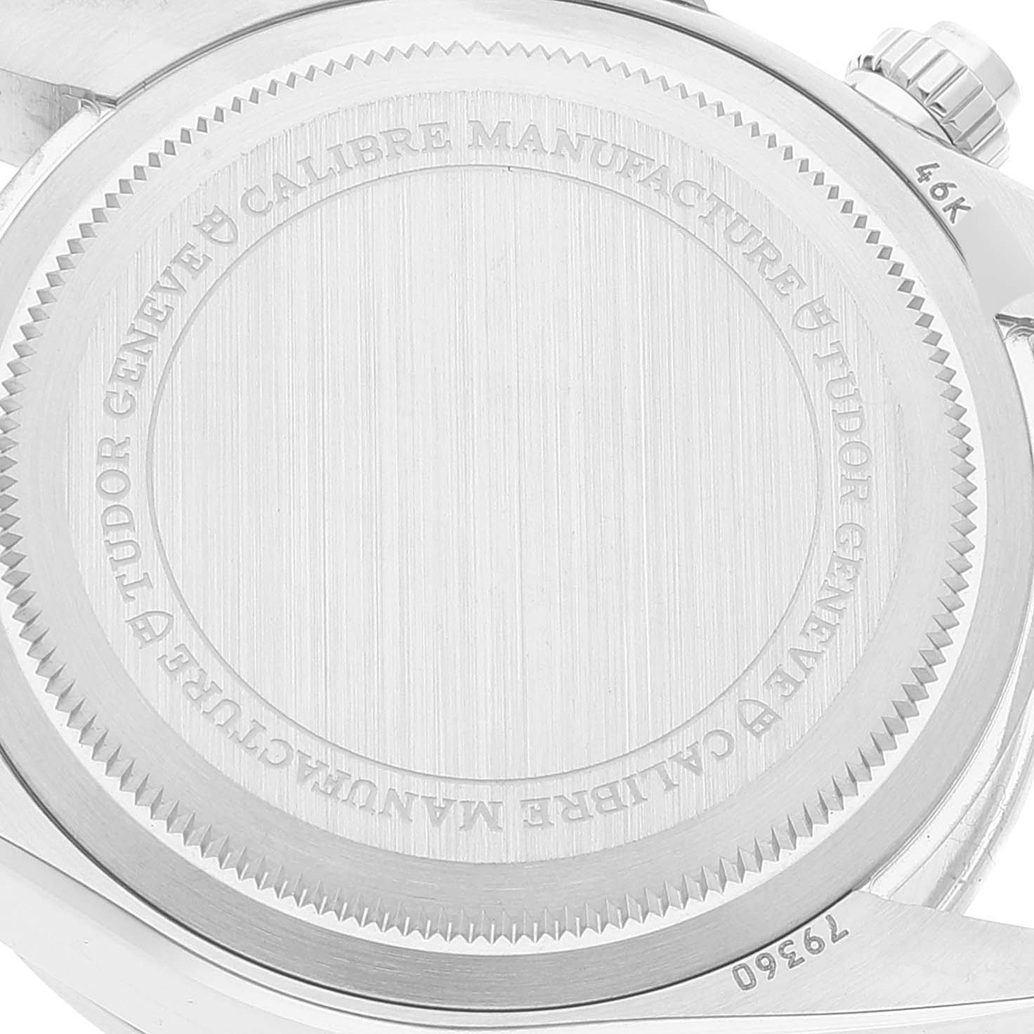 This image shows the engraved case back of a Tudor Heritage Black Bay 79360N Men
s Stainless Steel Black Dial 79360N Men
s Stainless Steel Black Dial watch, viewed from the back.