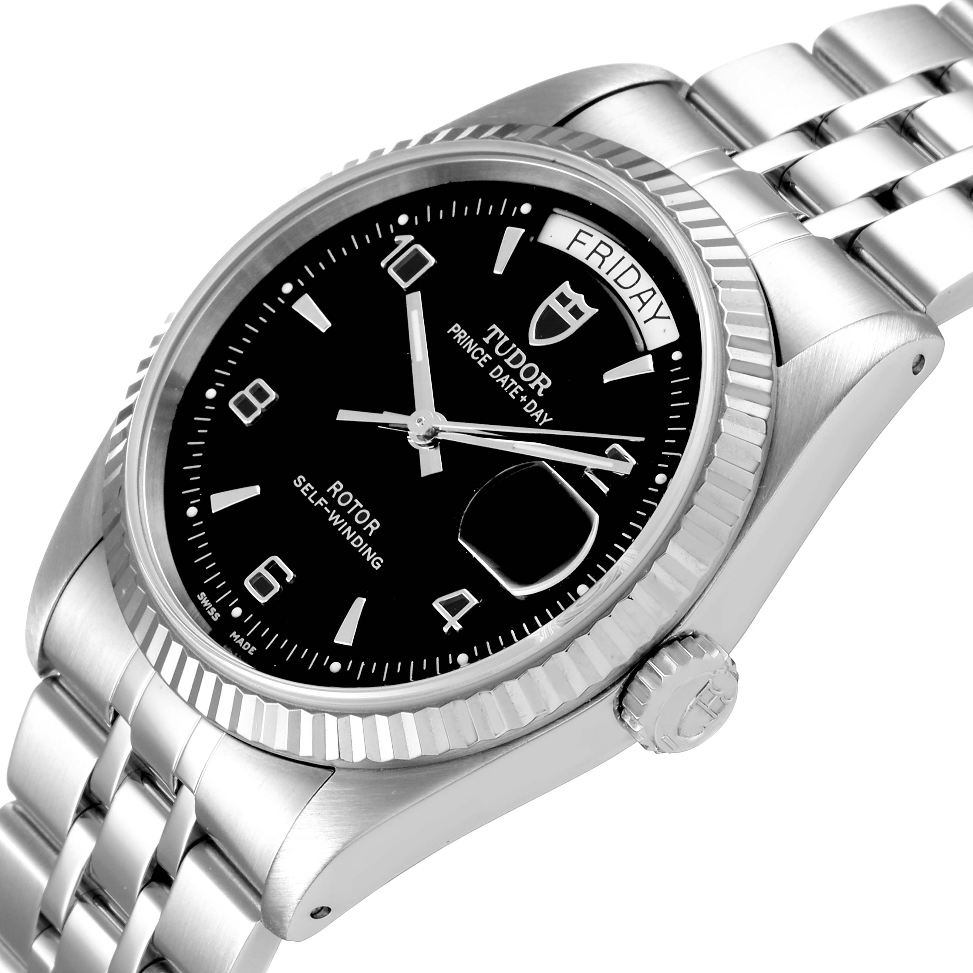 This image shows a Tudor Prince 76214 Men
s Stainless Steel Black Dial 76214 Men
s Stainless Steel Black Dial model watch, viewed at an angle, displaying its face, bezel, crown, and bracelet.