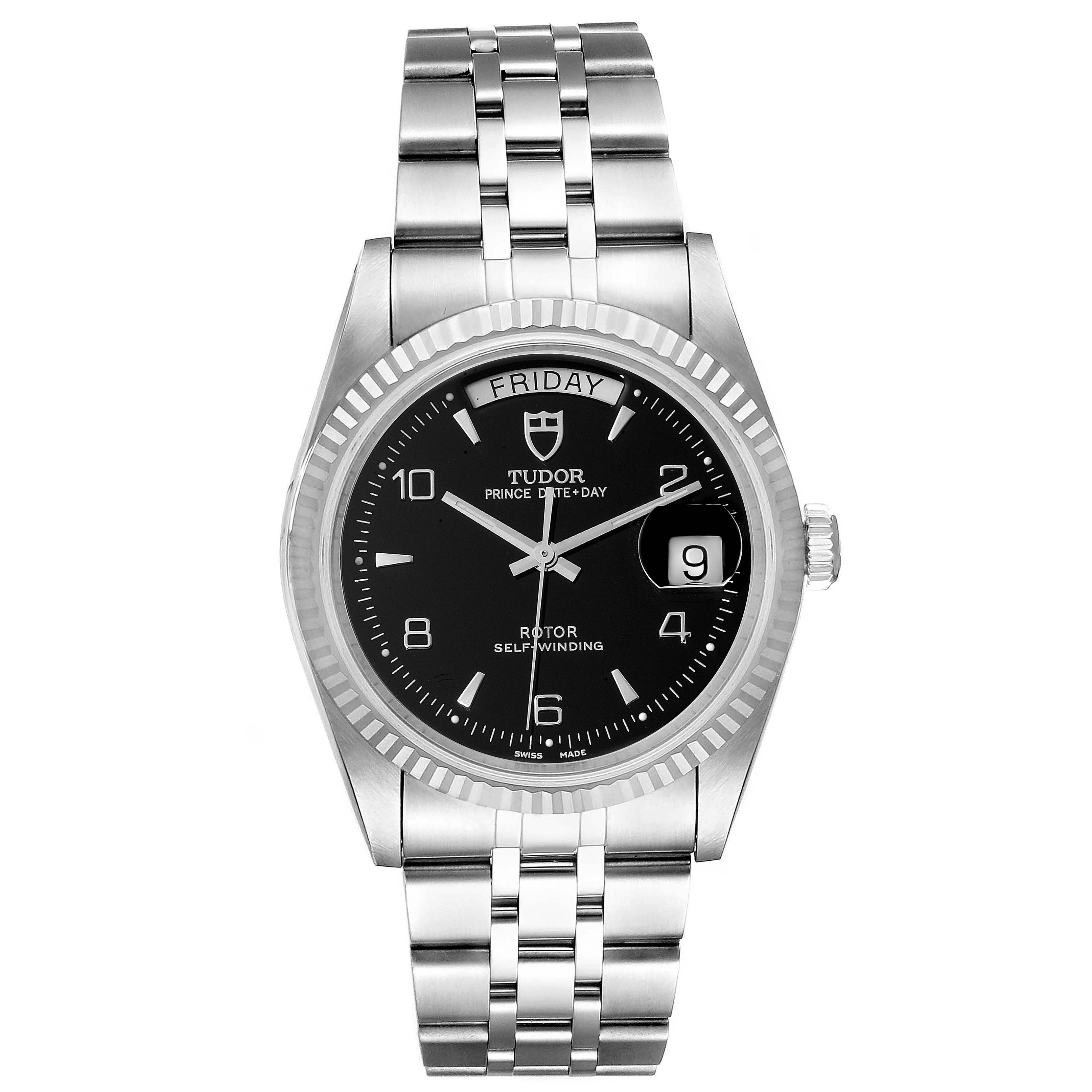 This image shows a front view of a Tudor Prince 76214 Men
s Stainless Steel Black Dial 76214 Men
s Stainless Steel Black Dial watch, displaying its face, day-date function, and stainless steel bracelet.