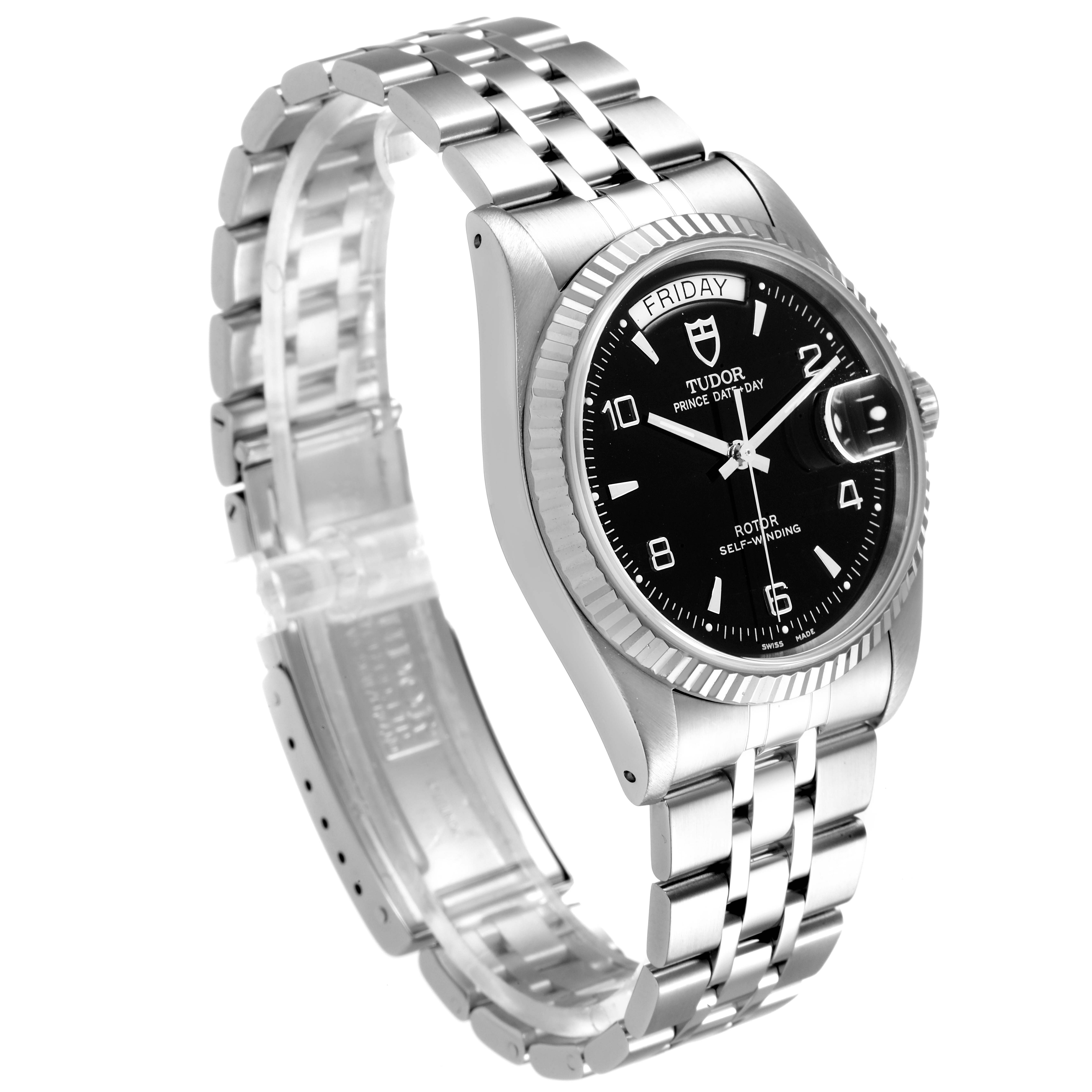 This image shows the Tudor Prince 76214 Men
s Stainless Steel Black Dial 76214 Men
s Stainless Steel Black Dial watch at a three-quarter angle, displaying the face, bezel, and bracelet.