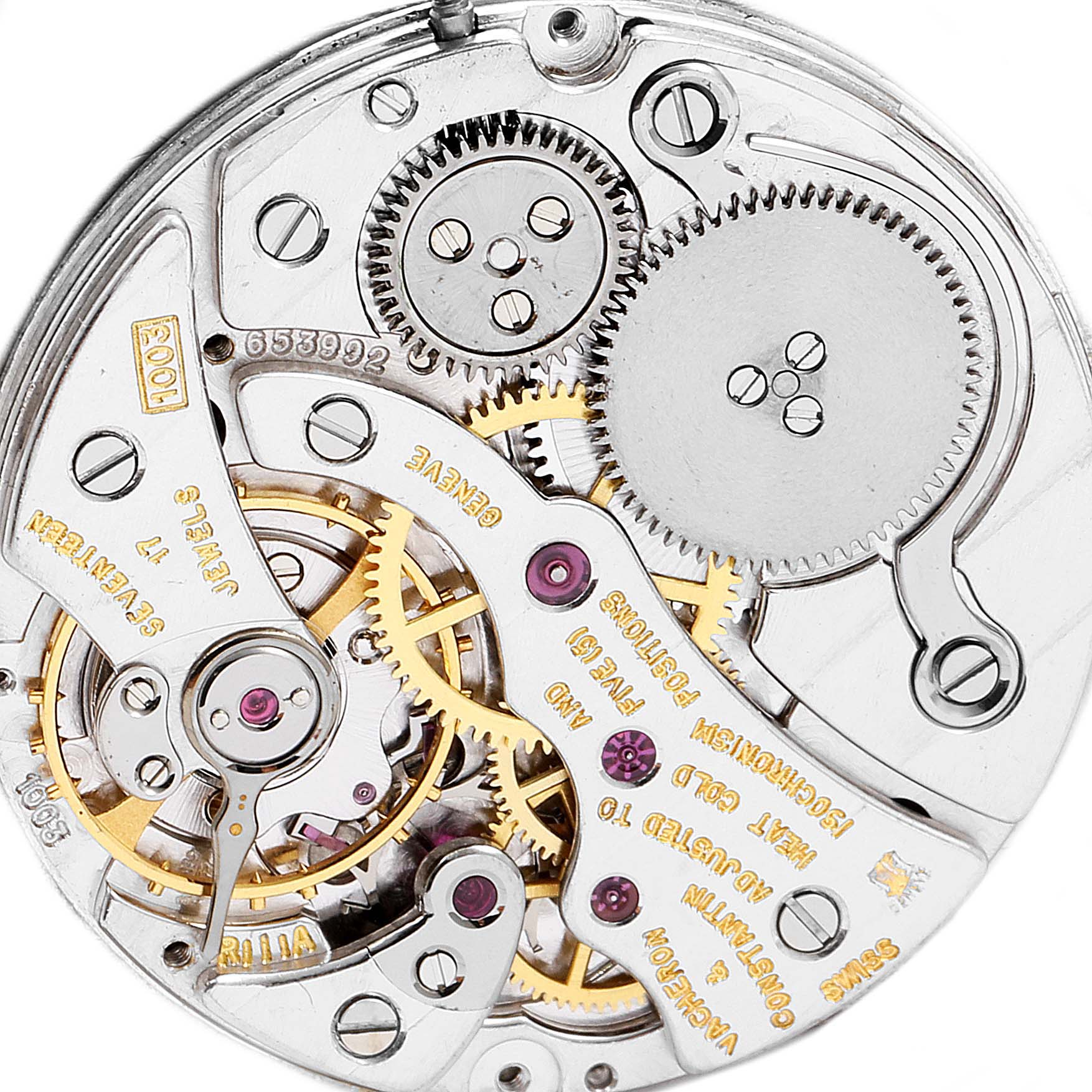 The image shows a close-up view of the internal mechanical movement components of a Vintage Vacheron Constantin watch.
