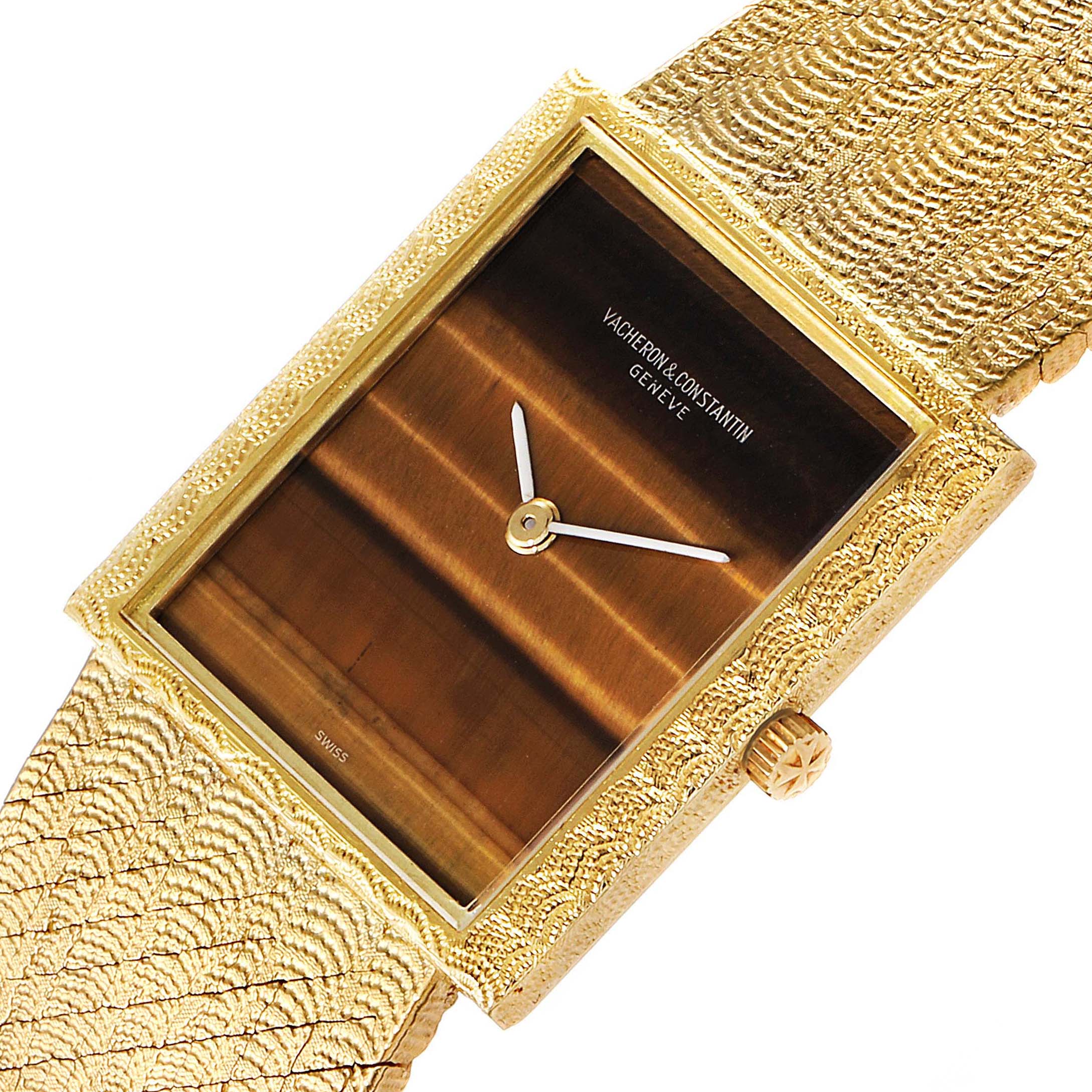 The Vintage Vacheron Constantin watch is shown at an angle highlighting its rectangular face, golden case, and matching textured strap.