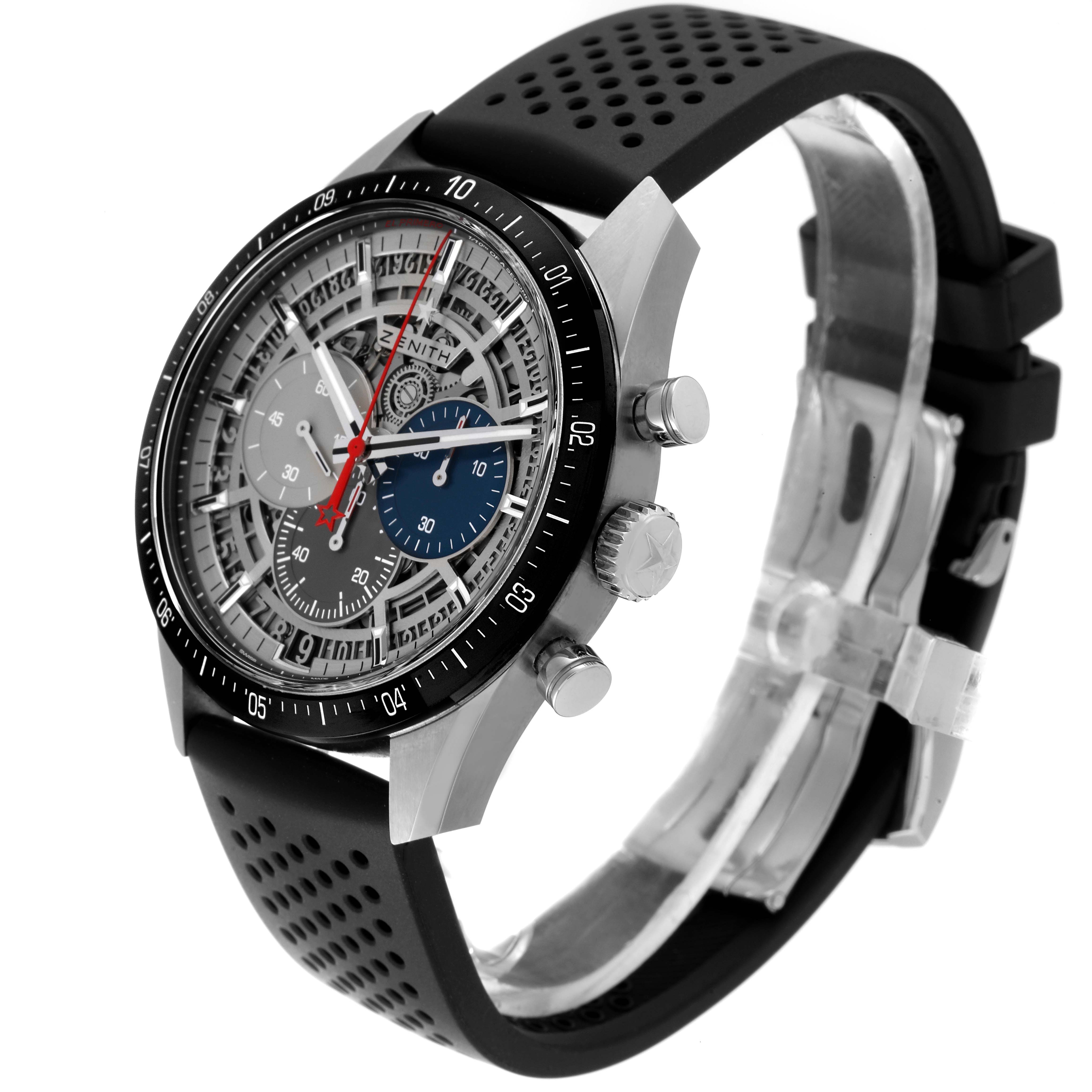 The image shows an angled side view of the Zenith El Primero 95.3001.3600/69.C817 Men's Stainless Steel Silver Dial 95.3001.3600/69.C817 Men's Stainless Steel Silver Dial watch, highlighting the face, bezel, crown, and strap.