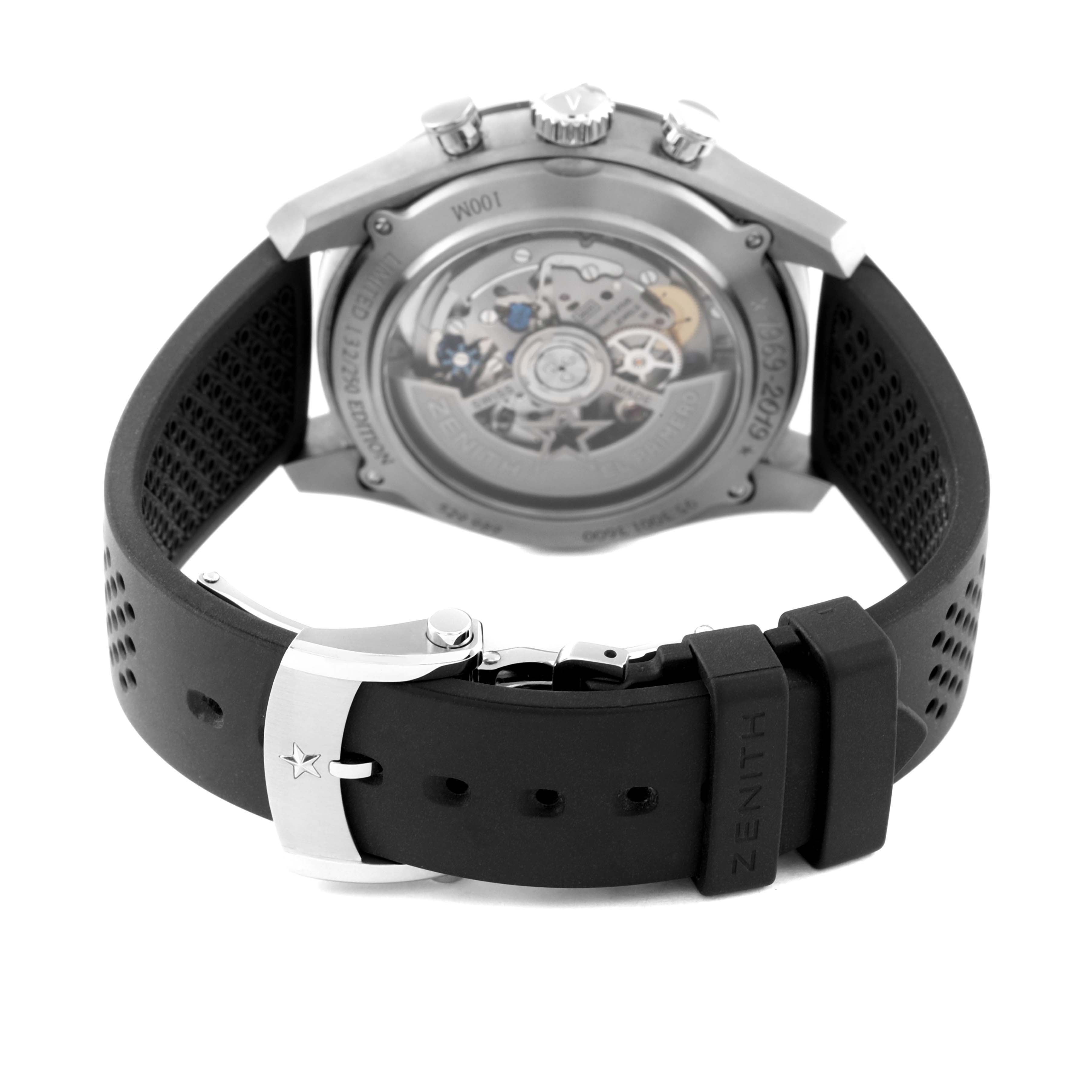 The image shows the back view of a Zenith El Primero 95.3001.3600/69.C817 Men's Stainless Steel Silver Dial 95.3001.3600/69.C817 Men's Stainless Steel Silver Dial watch, focusing on the case back and rubber strap with buckle.