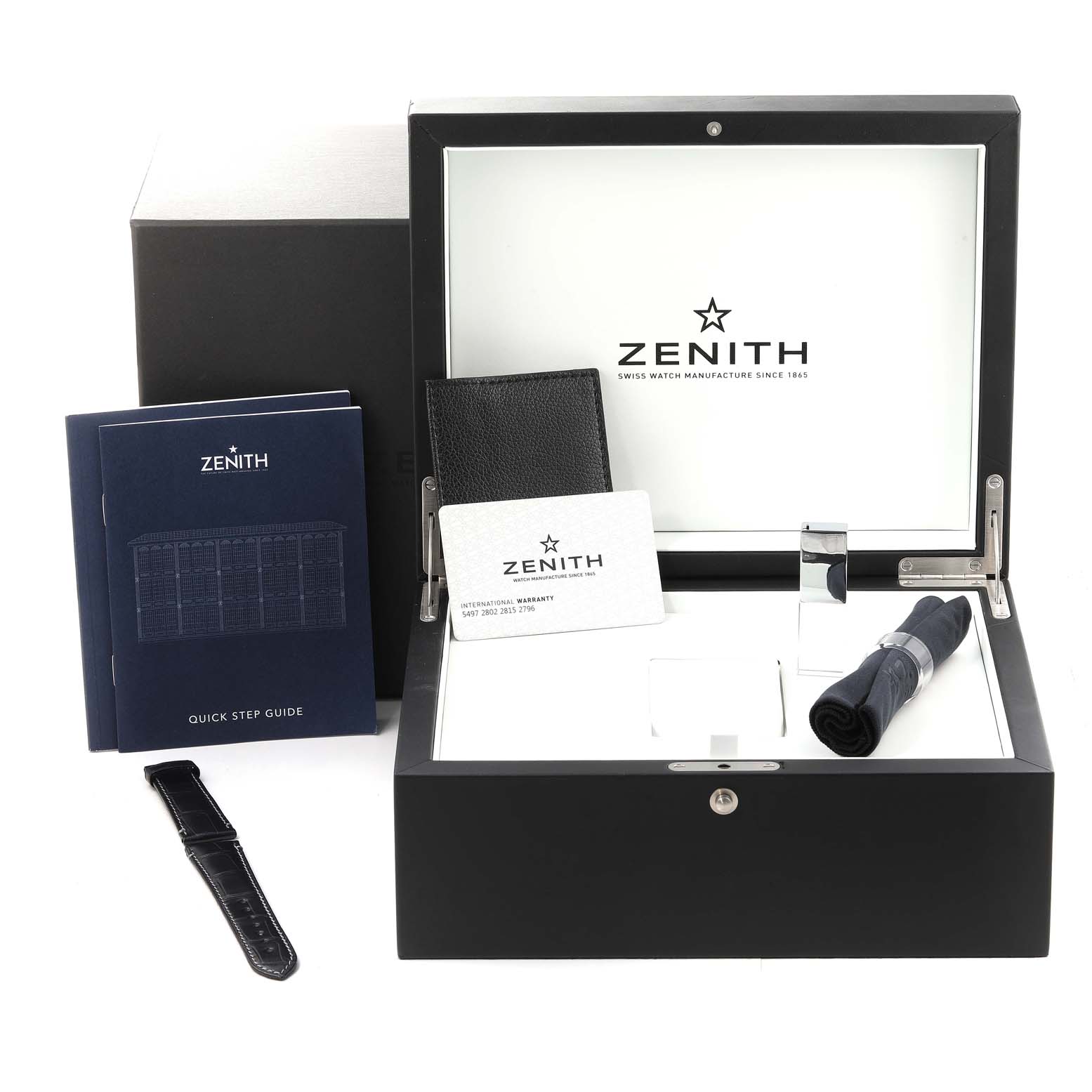 The image shows the packaging, manuals, warranty card, and accessories for the Zenith El Primero 95.3001.3600/69.C817 Men's Stainless Steel Silver Dial 95.3001.3600/69.C817 Men's Stainless Steel Silver Dial watch.
