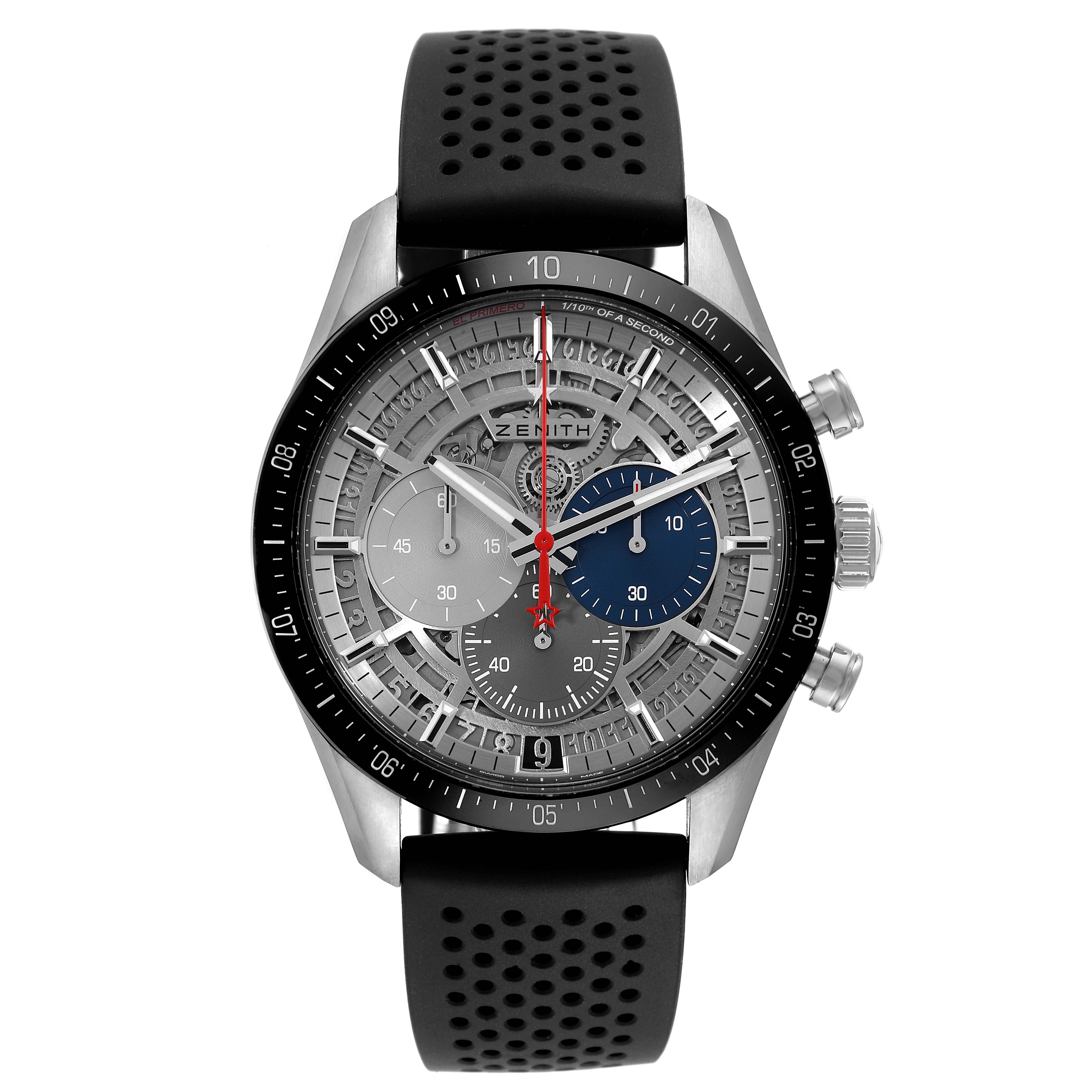 Front view of the Zenith El Primero 95.3001.3600/69.C817 Men's Stainless Steel Silver Dial 95.3001.3600/69.C817 Men's Stainless Steel Silver Dial watch showing the dial, hands, sub-dials, bezel, crown, and pushers.