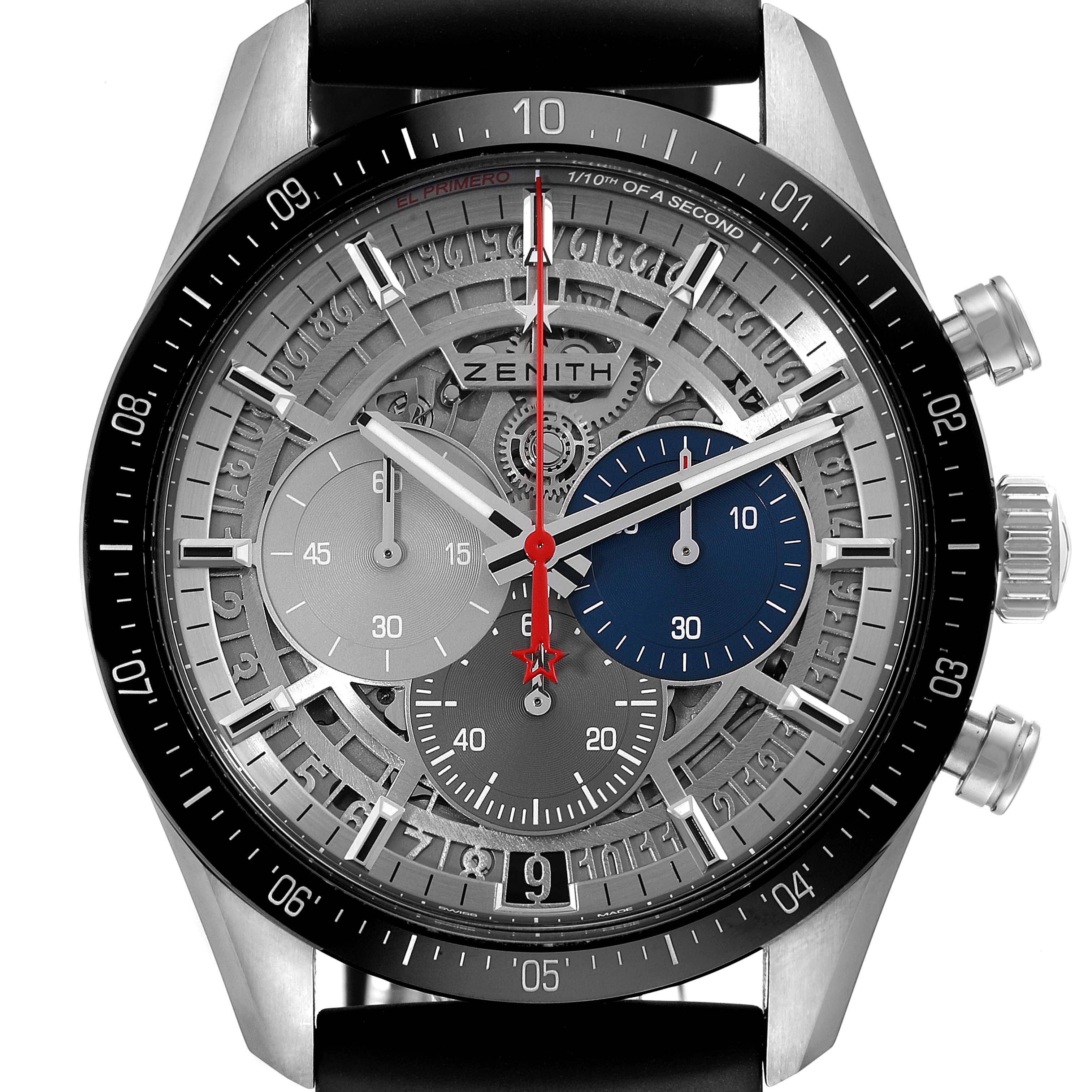 The image shows a close-up of the dial and bezel of a Zenith El Primero 95.3001.3600/69.C817 Men's Stainless Steel Silver Dial 95.3001.3600/69.C817 Men's Stainless Steel Silver Dial watch, displaying its intricate mechanics and subdials.