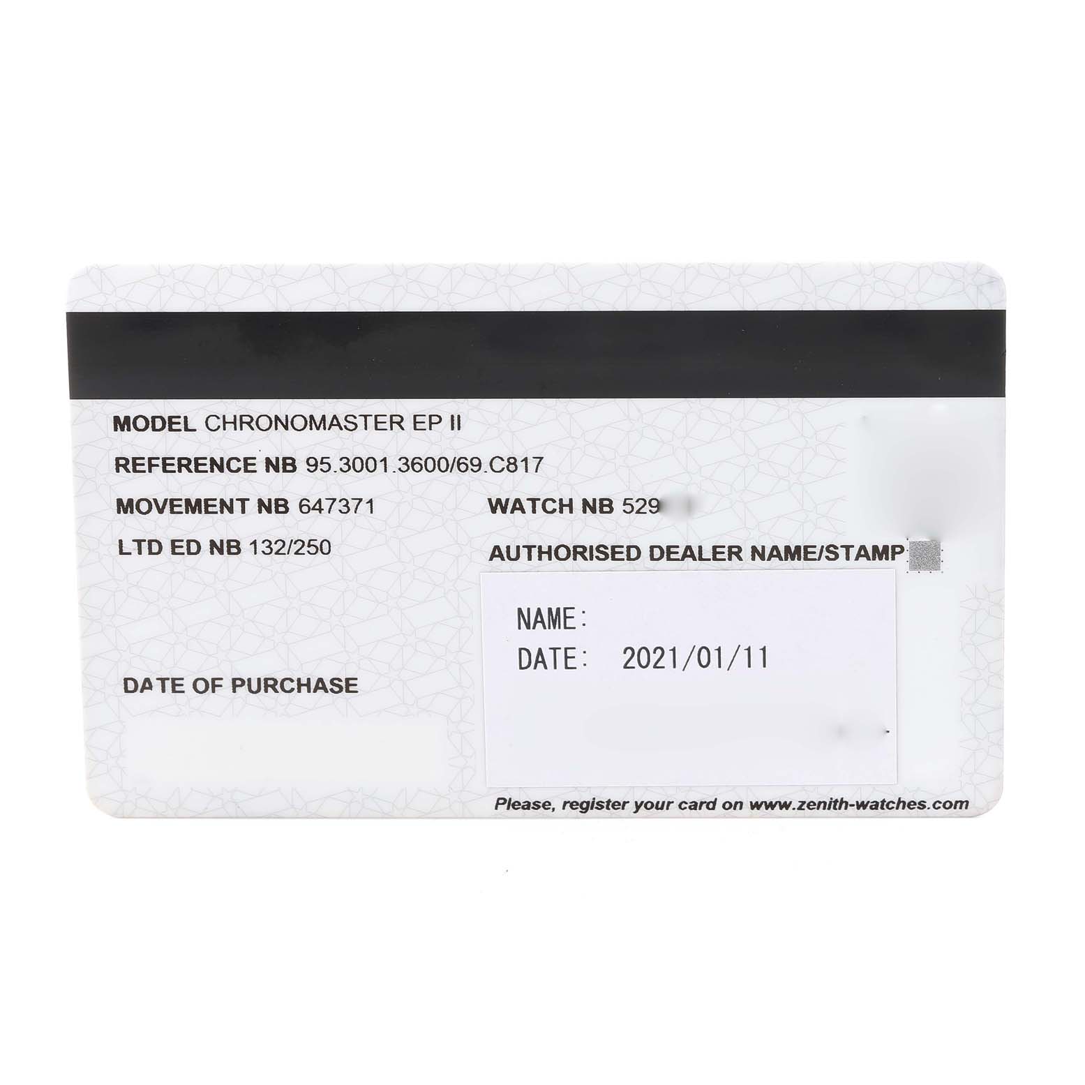 This image shows a warranty card for the Zenith El Primero 95.3001.3600/69.C817 Men's Stainless Steel Silver Dial 95.3001.3600/69.C817 Men's Stainless Steel Silver Dial Chronomaster EP II model, detailing reference, movement, and purchase date.