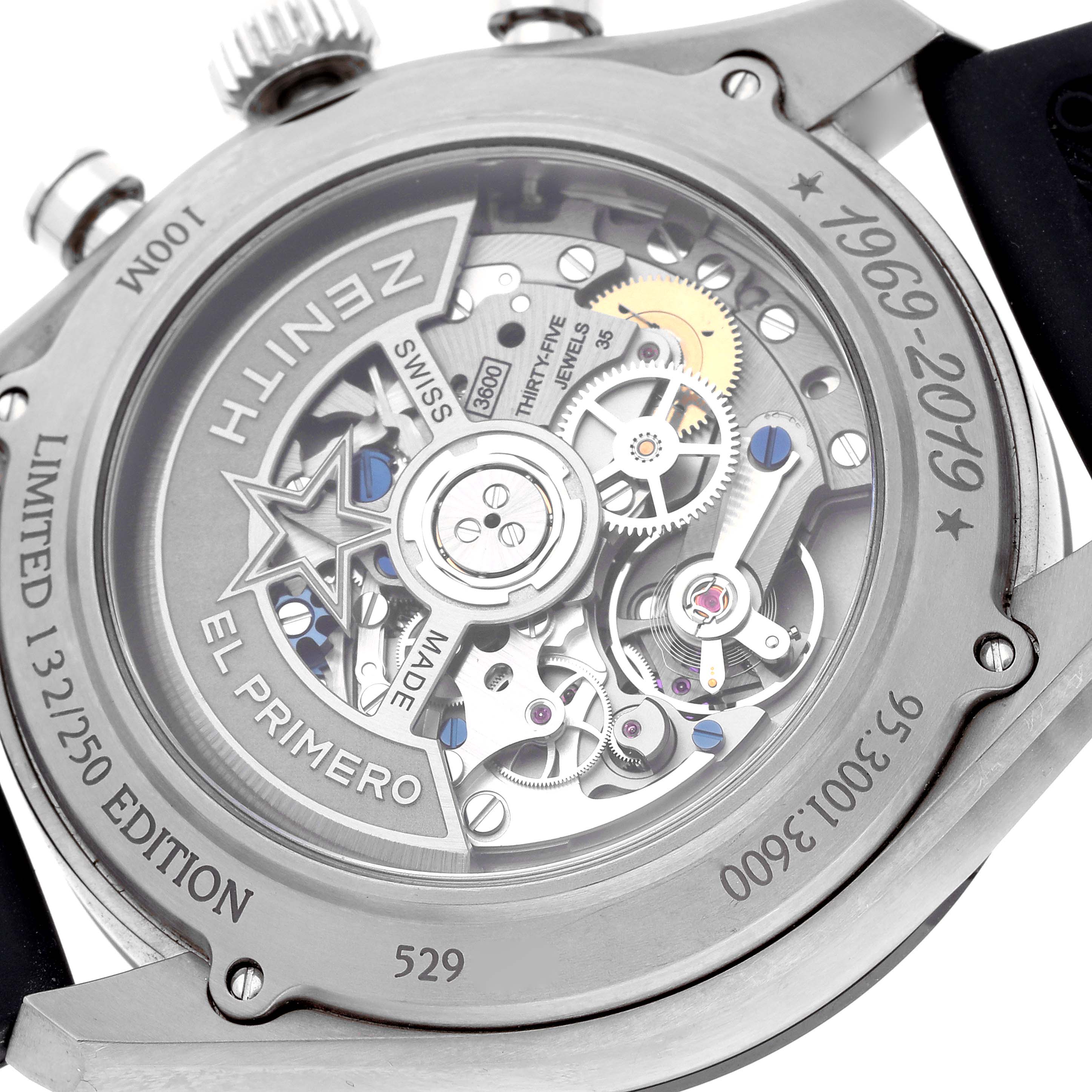 This image shows the intricate open movement and case back of the Zenith El Primero 95.3001.3600/69.C817 Men's Stainless Steel Silver Dial 95.3001.3600/69.C817 Men's Stainless Steel Silver Dial watch, displaying its inner mechanics and limited edition engraving.