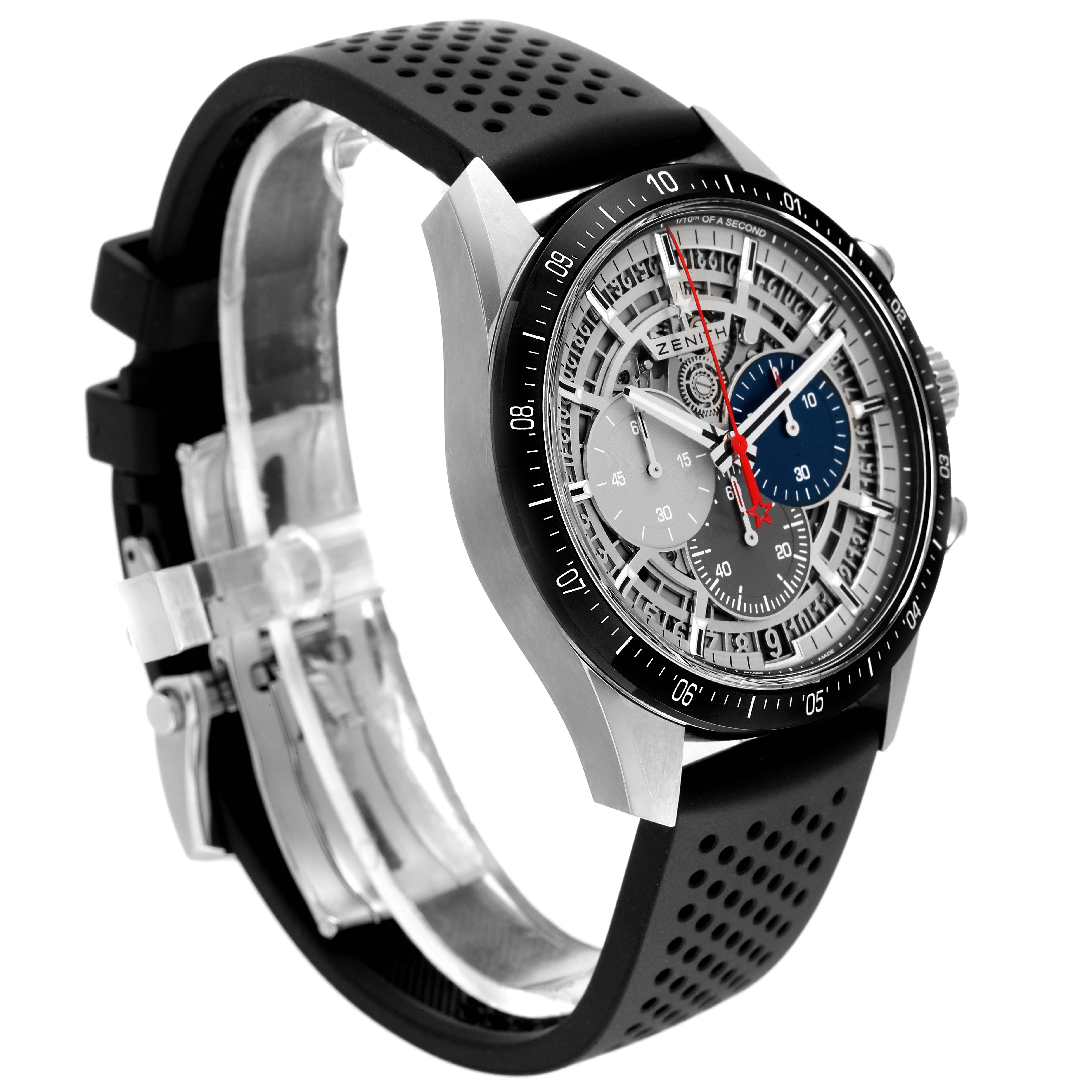 The image shows a Zenith El Primero 95.3001.3600/69.C817 Men's Stainless Steel Silver Dial 95.3001.3600/69.C817 Men's Stainless Steel Silver Dial watch at a 45-degree angle, highlighting its face, bezel, buttons, and perforated rubber strap.