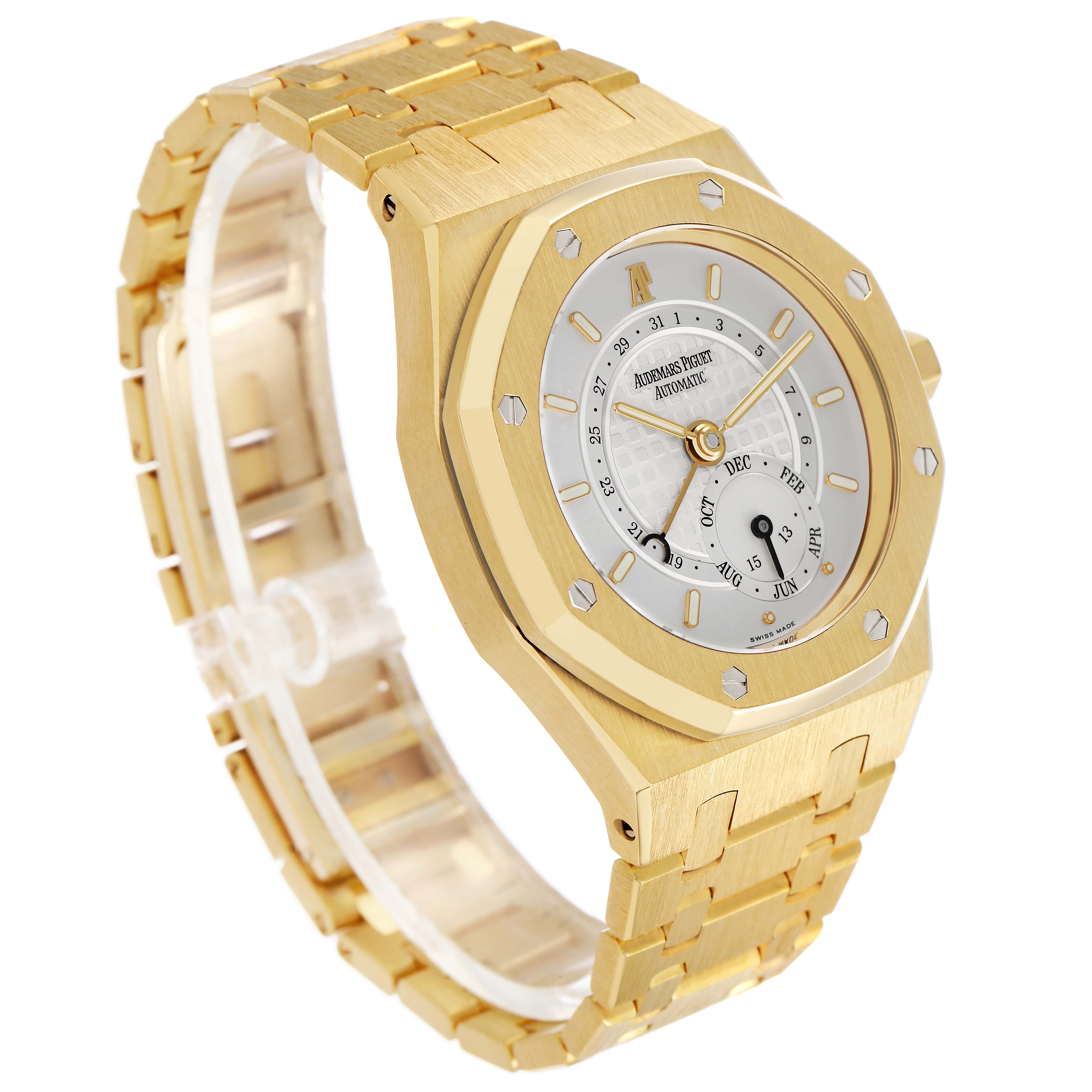 The Audemars Piguet Royal Oak 25920BA Men's Yellow Gold Silver Dial watch is shown at a three-quarter angle, displaying the dial, bezel, and bracelet.
