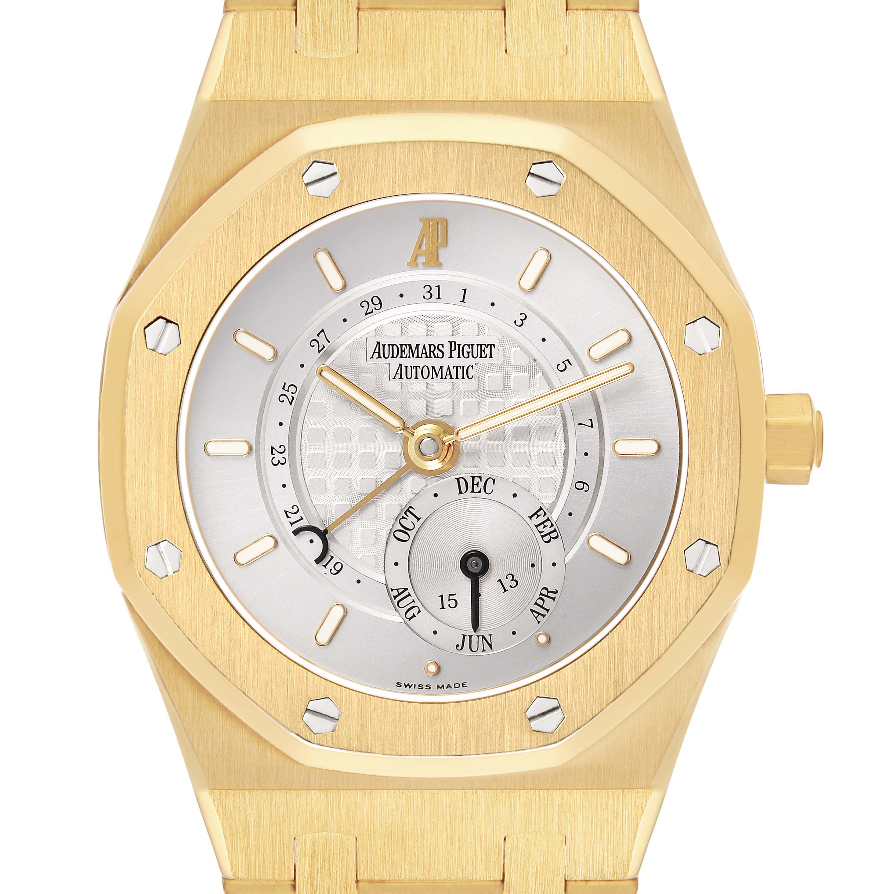 The Audemars Piguet Royal Oak 25920BA Men's Yellow Gold Silver Dial watch is shown from the front, displaying its dial, hands, and octagonal bezel.