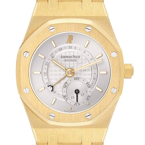 The Audemars Piguet Royal Oak 25920BA Men's Yellow Gold Silver Dial watch is shown from the front, highlighting the dial, bezel, and part of the bracelet.