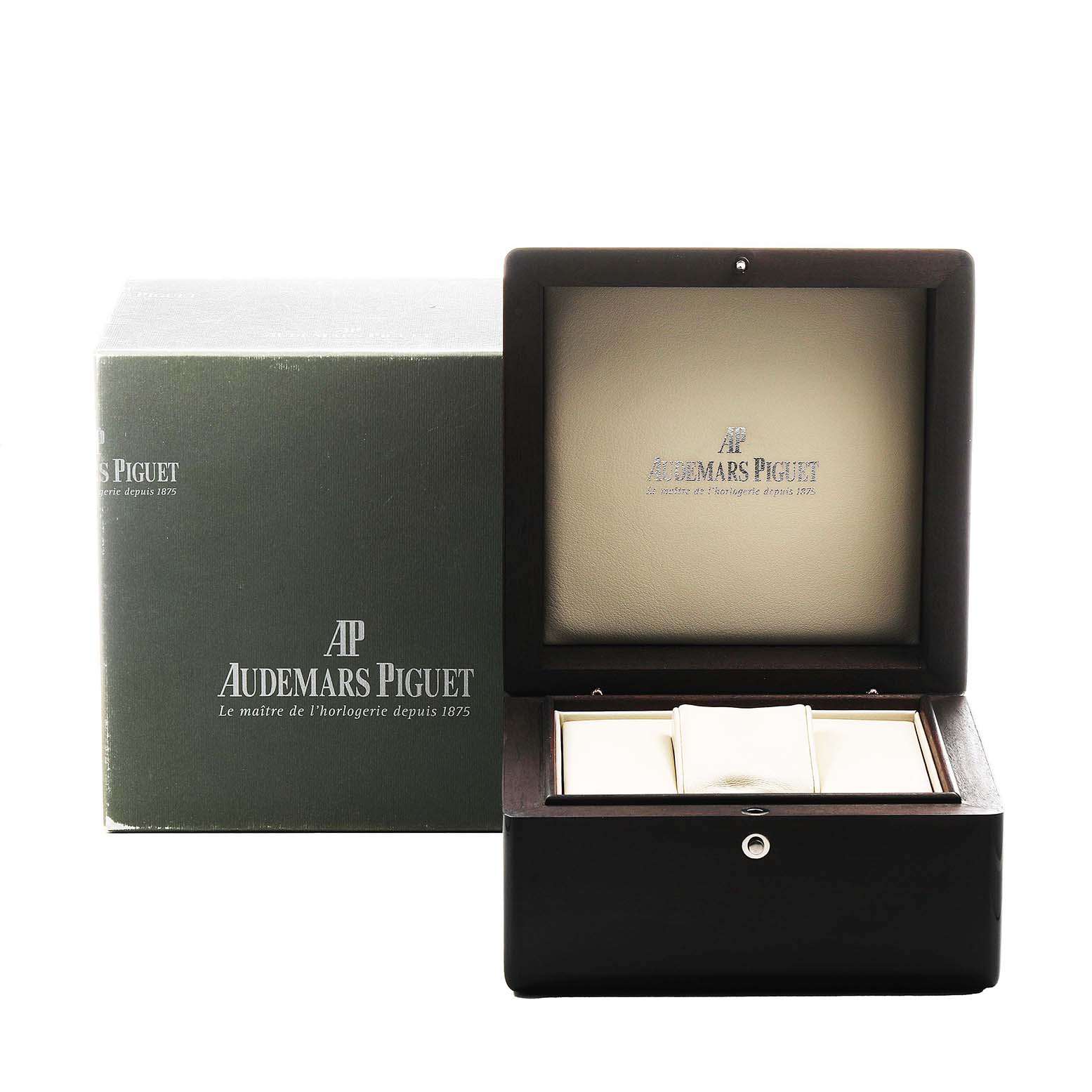 The image shows the Audemars Piguet Royal Oak 25920BA Men's Yellow Gold Silver Dial watch box and outer packaging from a front angle, with the box lid open.