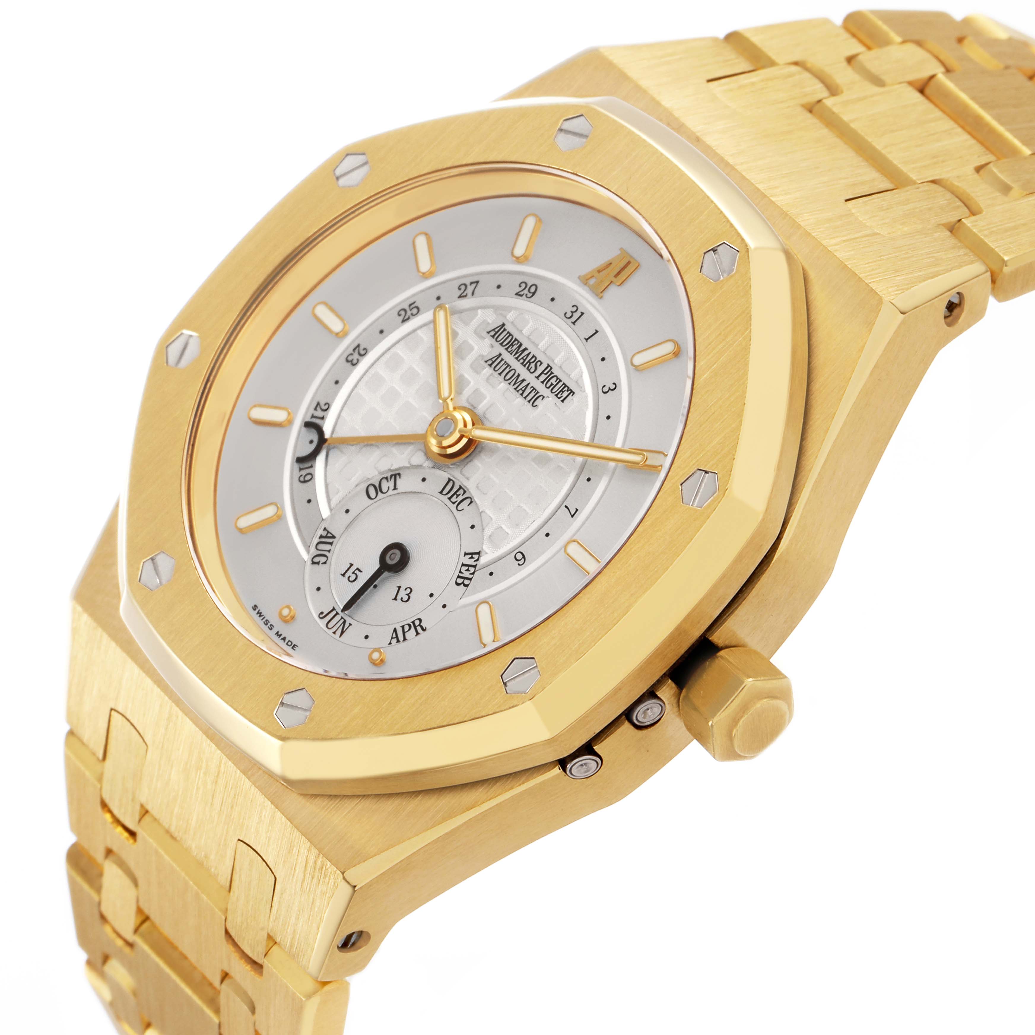 The Audemars Piguet Royal Oak 25920BA Men's Yellow Gold Silver Dial watch is shown at an angle highlighting the bezel, dial, and bracelet in gold.