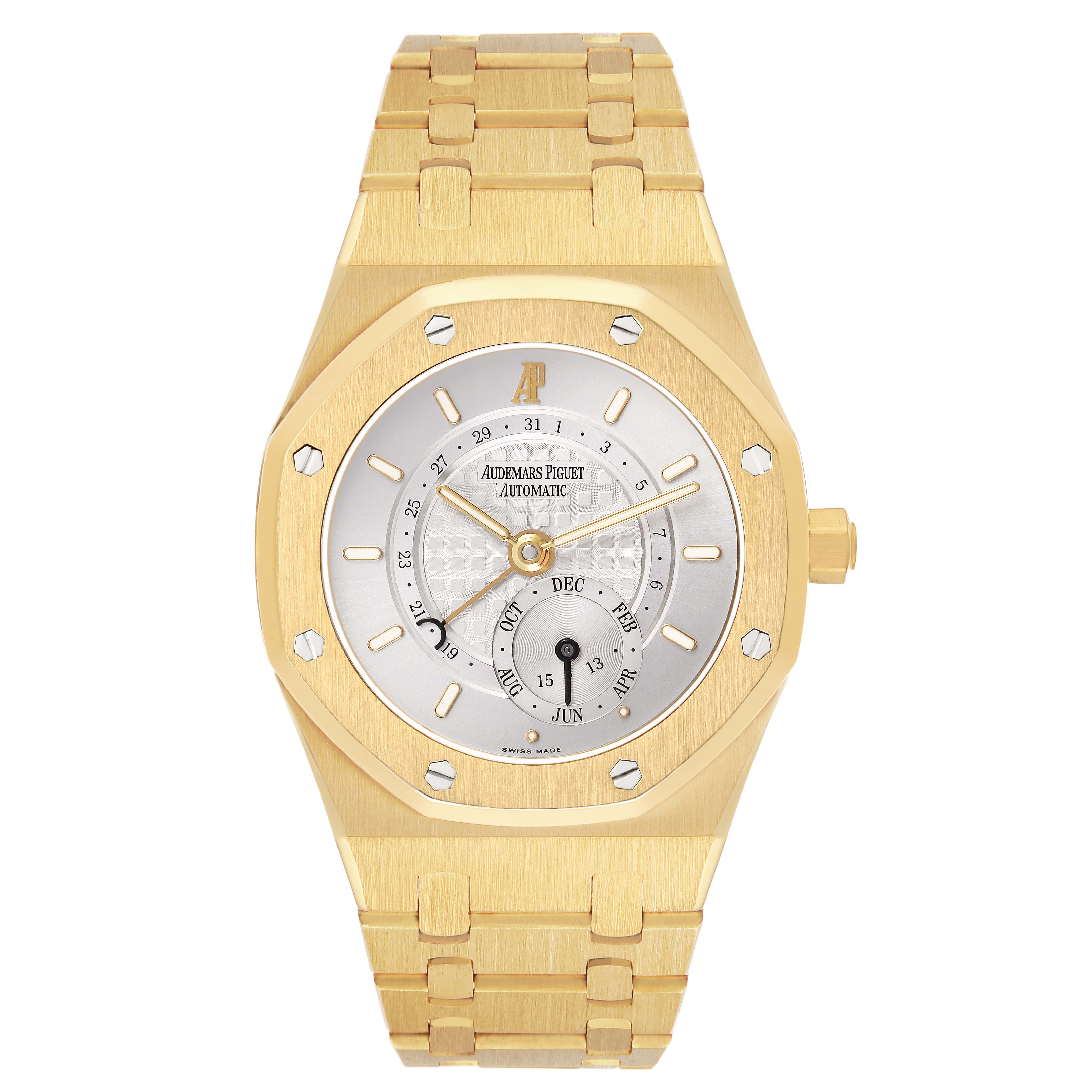 The Audemars Piguet Royal Oak 25920BA Men's Yellow Gold Silver Dial watch is shown from a front angle, highlighting its gold case, bracelet, and dial with subdials.