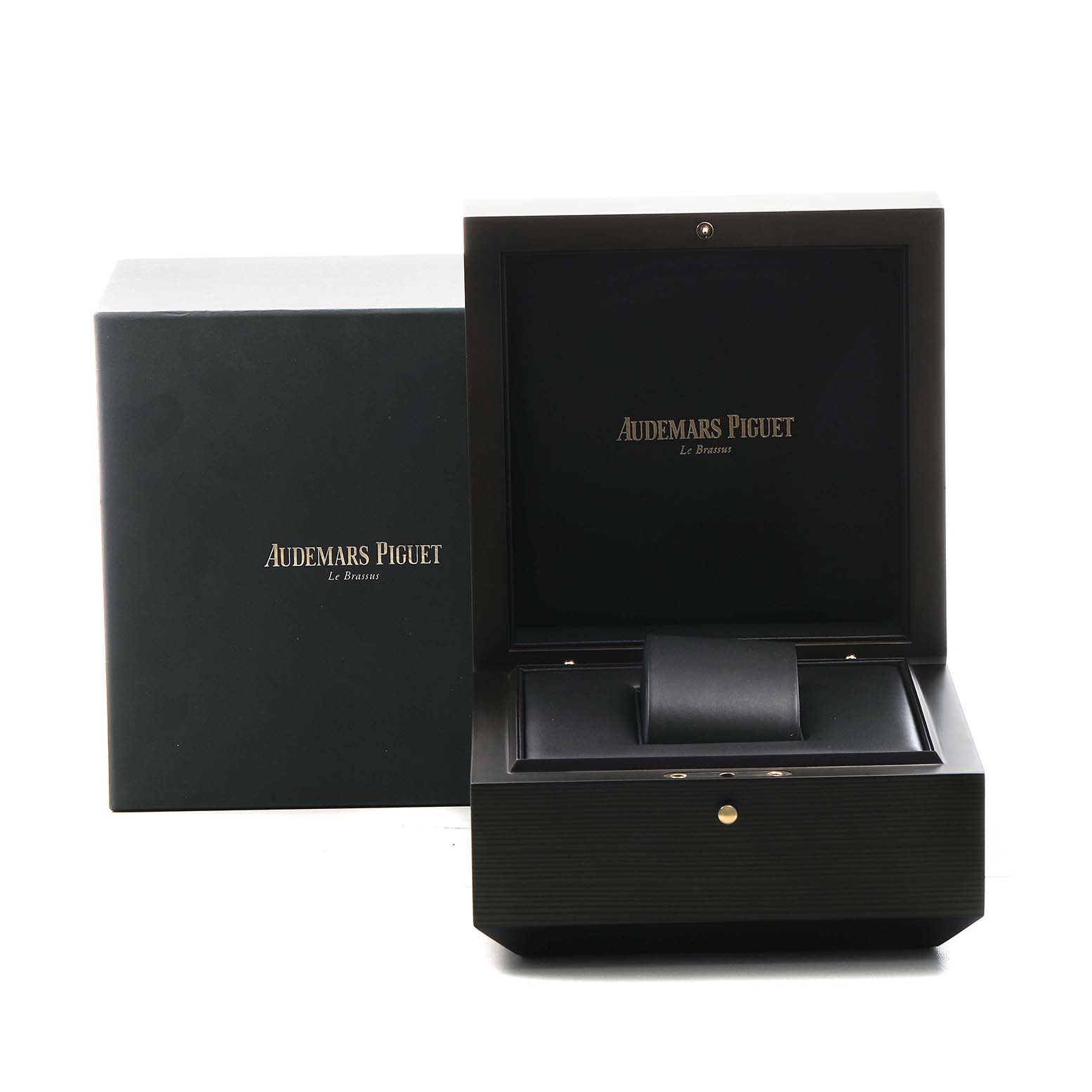The image shows the open presentation box and outer packaging for an Audemars Piguet Royal Oak 26331OR Men's Rose Gold Brown Dial watch, viewed from the front.