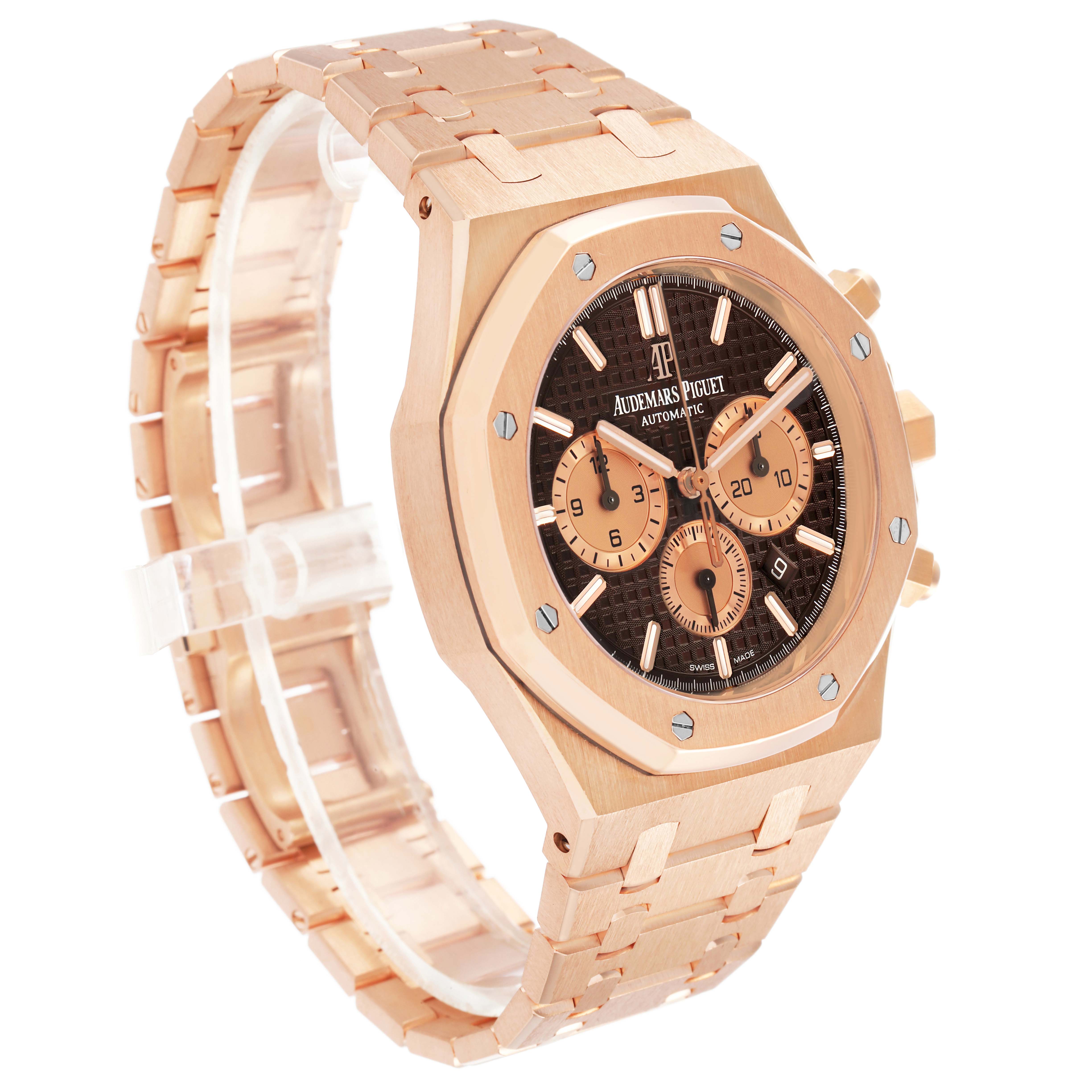 The Audemars Piguet Royal Oak 26331OR Men's Rose Gold Brown Dial watch is shown at an angled view, highlighting the bezel, dial, and bracelet.